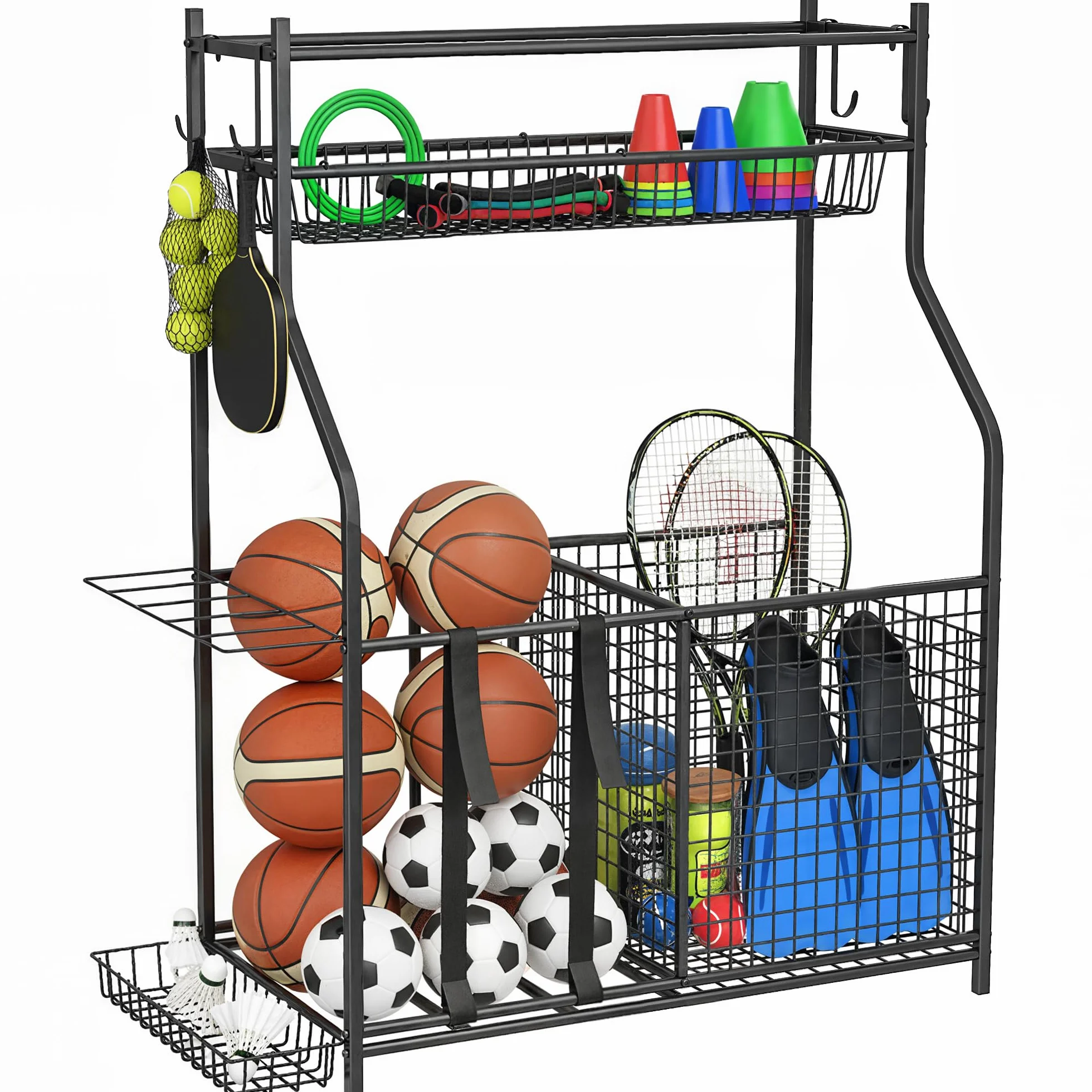 SPORTNOW Contenitore per Attrezzature Sportive, Organizzatore con Cestini e Ganci, Nero