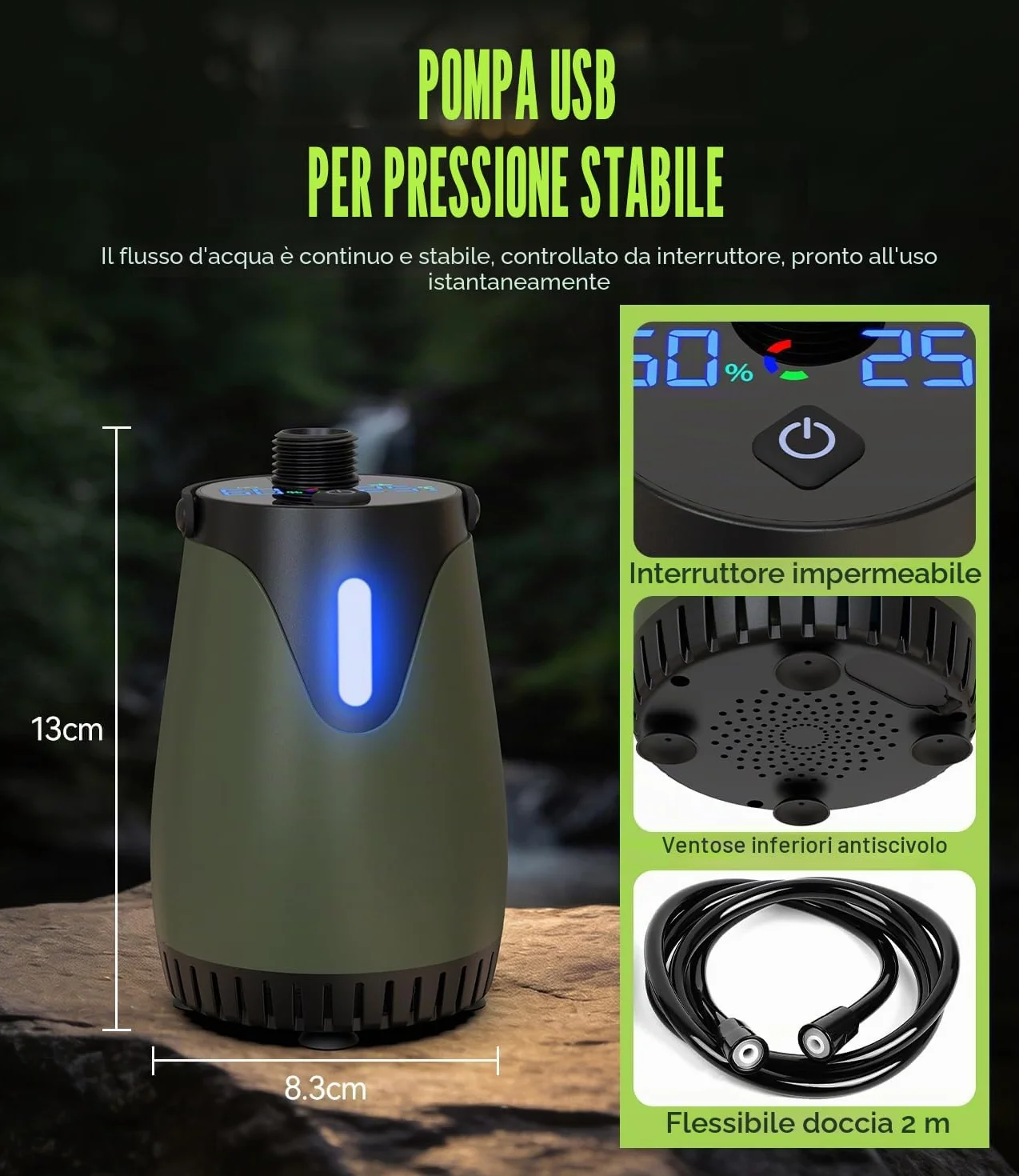 Doccia da Campeggio Portatile, 8000mAh Doccia Portatile Pompa Doccia Subacquea Ricaricabile USB Display LCD, IPX8, per Camper, Viaggio, Spiaggia, Animali Domestici
