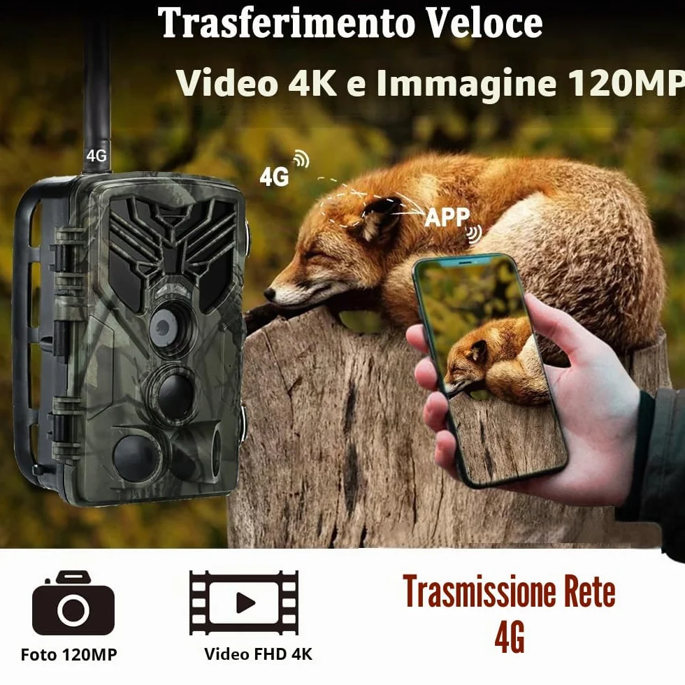 Fototrappola 4G 120MP 4K con SIM Telefonica, Fotocamera Caccia Notturna Impermeabile con Movimento Attivato