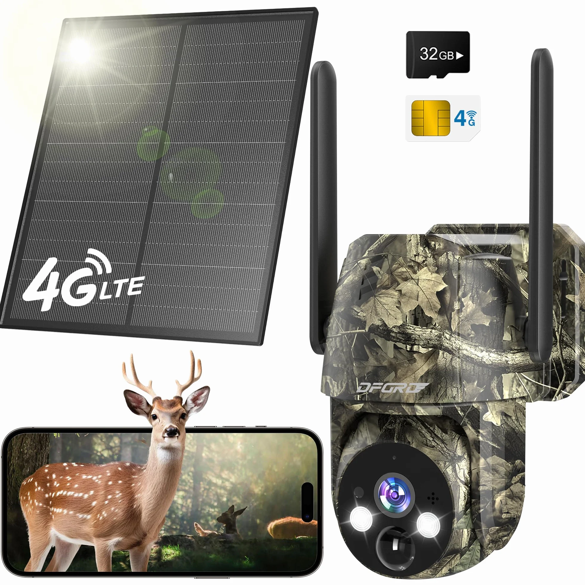 Fototrappola 4G LTE con SIM, 2K Telecamera Esterna Pannello Solare, 360° PTZ Visione Notturna Colori, Rilevamento PIR, IP66