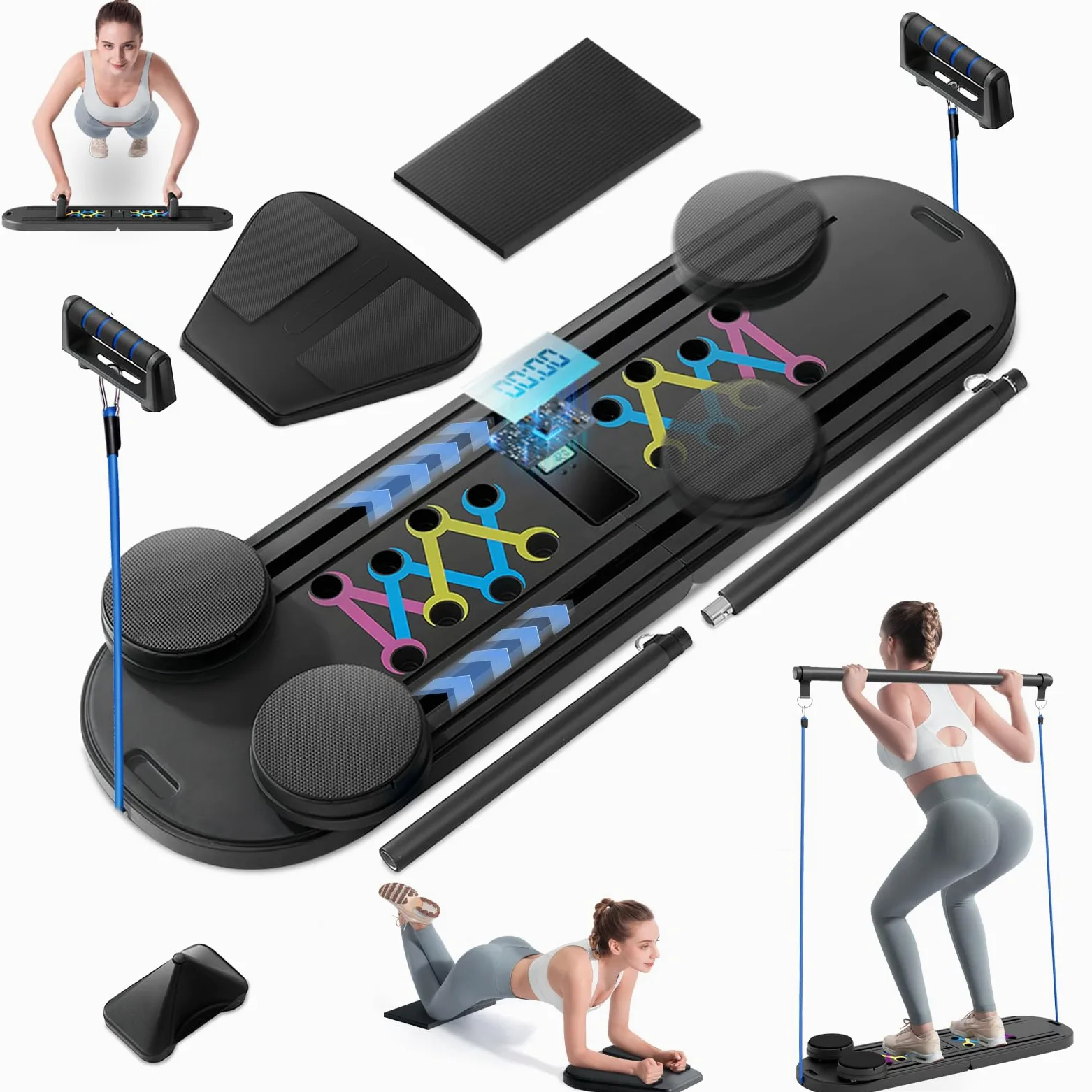 INSMEER Pilates Reformer, tavola pieghevole per pilates a casa con rullo addominale a rimbalzo automatico, tavola multifunzionale per esercizi addominali, corda di tensione, timer, set 6 in 1 per