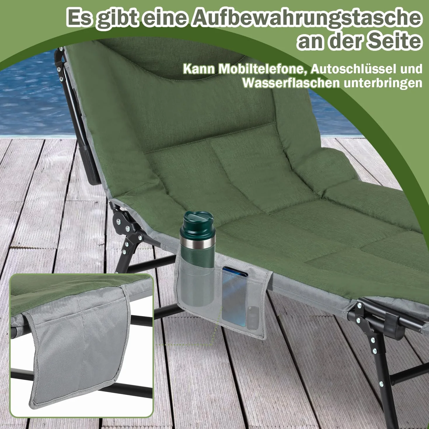 Lettino da pesca alla carpa fino a 160 kg, pieghevole, con borsa per il trasporto, 195 x 65 x 32 cm, letto da campeggio imbottito, per campeggio, pesca, spiagge, giardini, verde
