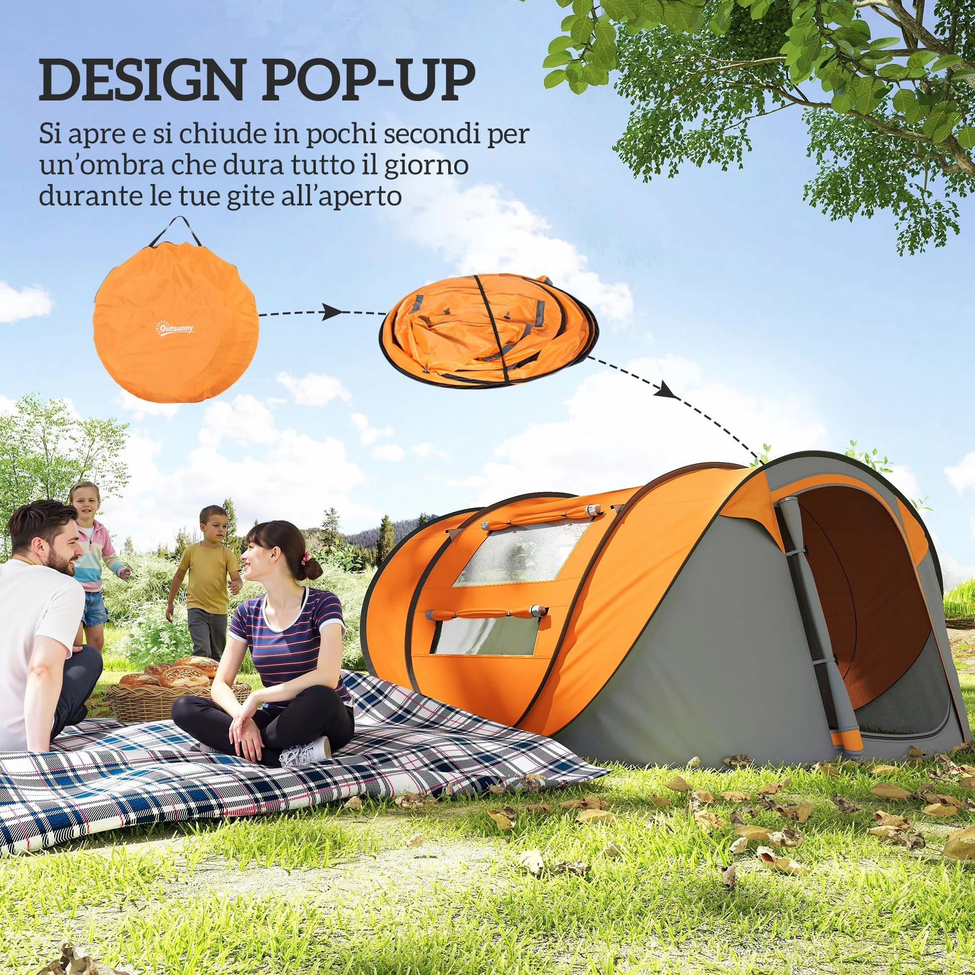 Outsunny Tenda da Campeggio Pop Up 4 Persone 2000mm Anti UV 20+ 263.5x220x123 cm Arancione