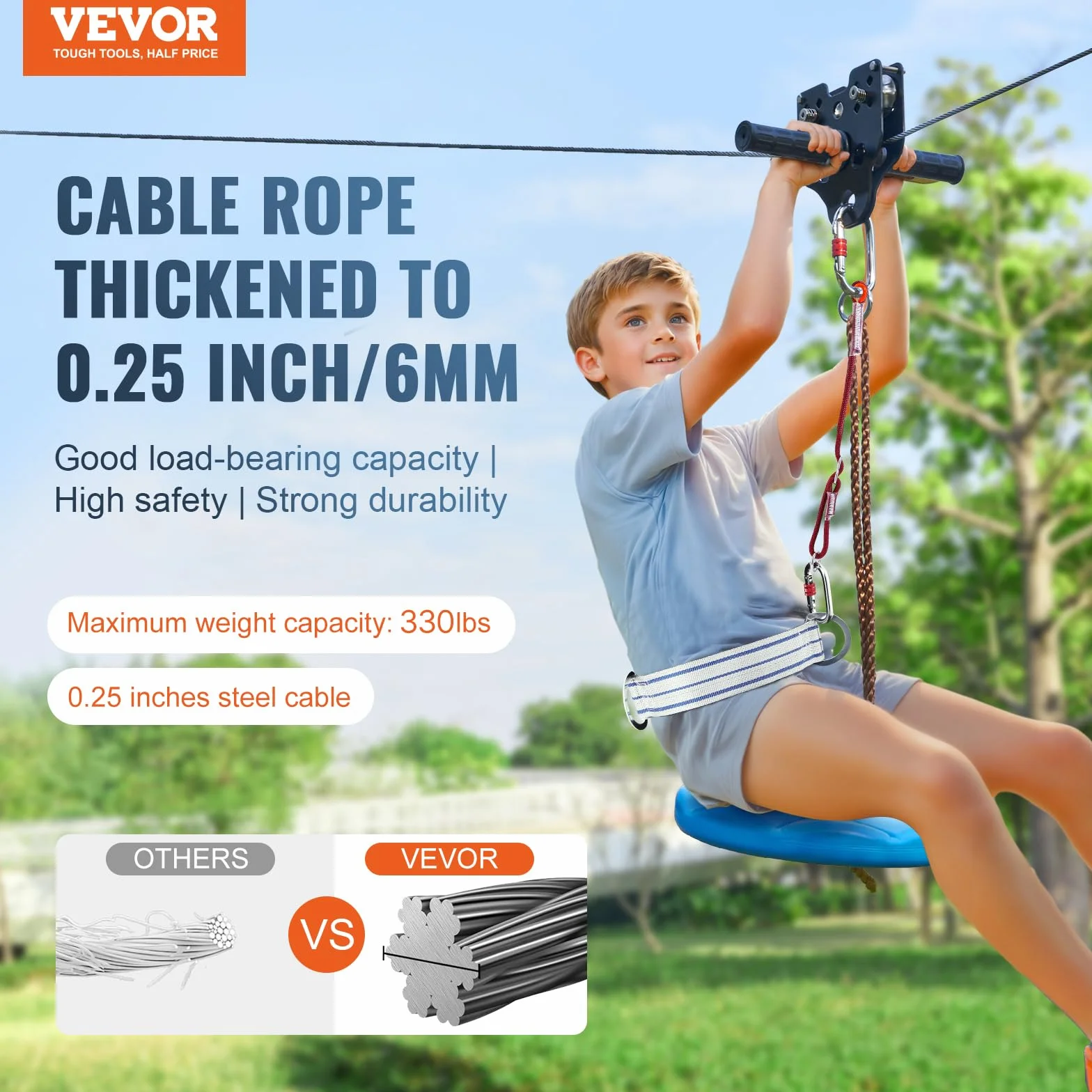 Kit Teleferica VEVOR Zipline 36,58 m Giardino Cortile Parco Attività Esterna Corda Scivolo Corrimano Seduta Carico max 226,8kg Bambini