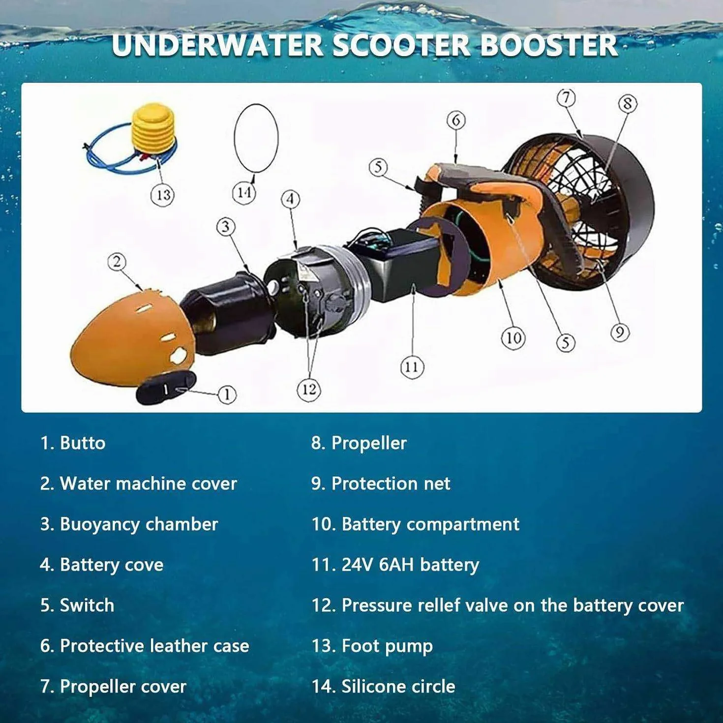 Scooter subacqueo 800 W Booster per Immersioni subacquee Adulti Explorer batterie al Piombo Doppia velocità