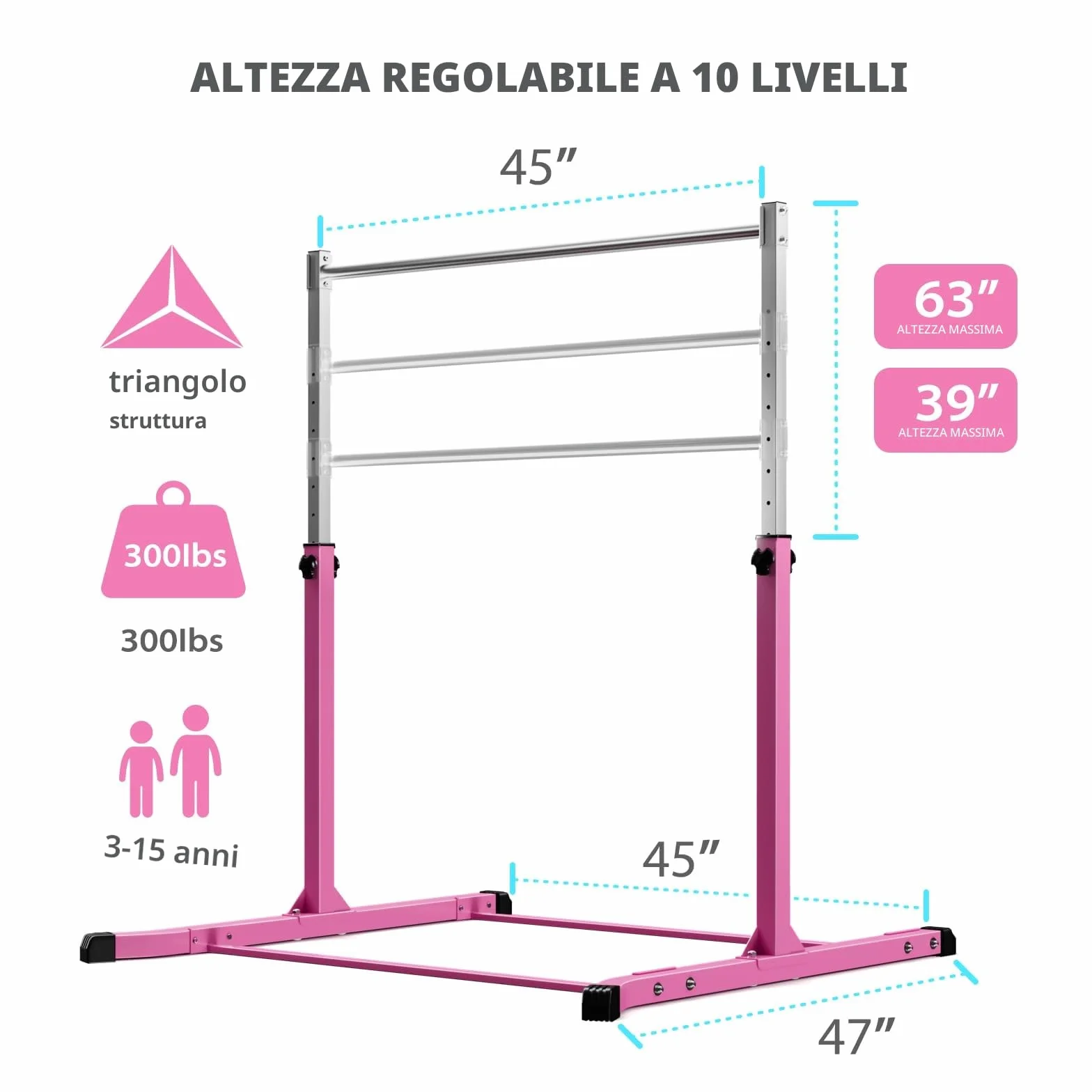 Mosebears Barra da ginnastica per bambini, struttura in acciaio, altezza regolabile 7,6 cm - 1,7 m