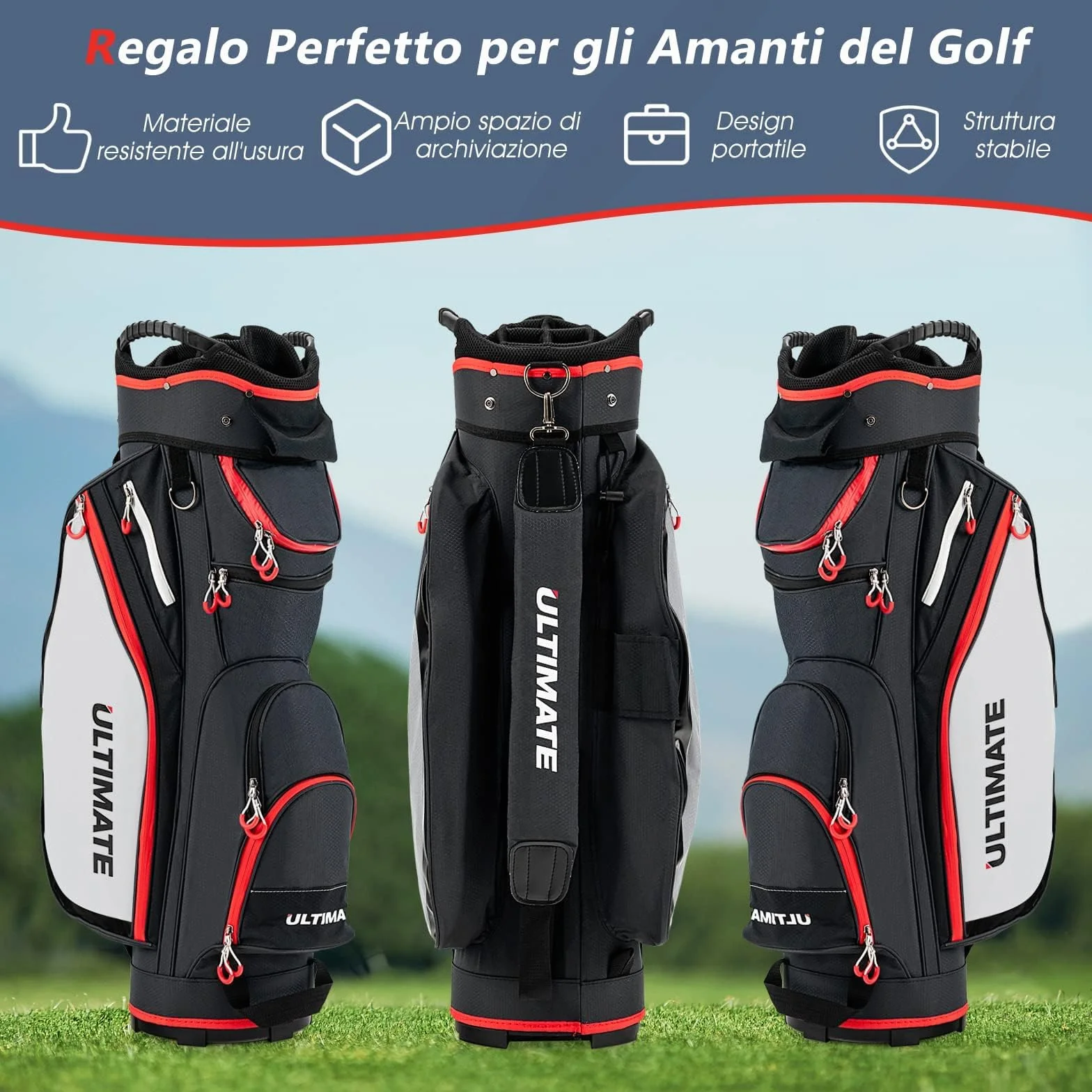 GYMAX Borsa da Golf 14 Divisori 8 Tasche con Cerniera Borsa Termica Copertura Antipioggia