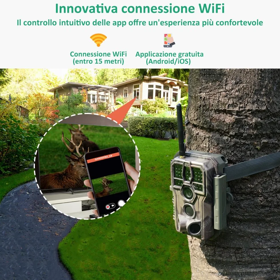 GardePro E8 Fototrappola WiFi Bluetooth 64MP 1296P H.264 Video Notturna IP66 No-Glow IR 30m