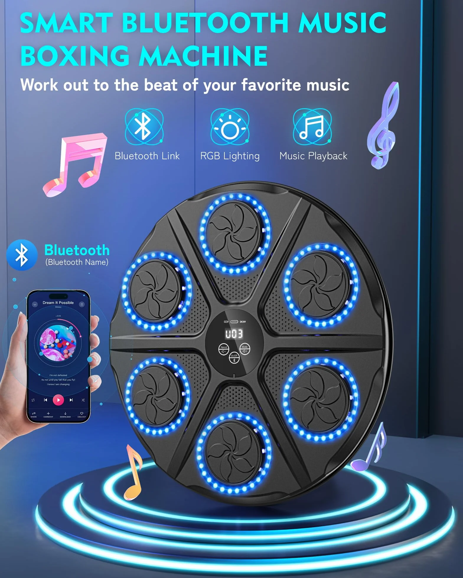 Music Boxing Machine Adulti - 12 modalità di velocità Macchina da BOXEN Musical Pugile con Guanti da Boxe - LED Musica Bluetooth Boxe Allenamento per Casa