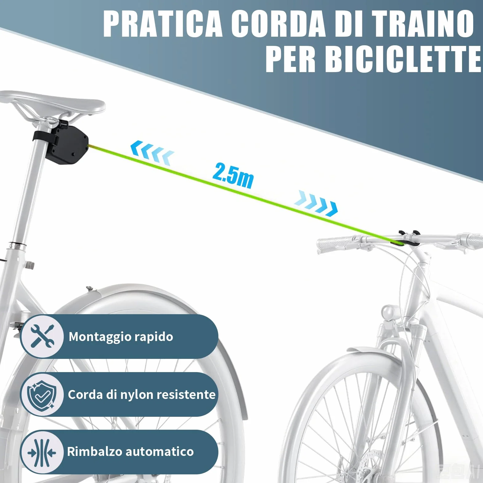 Corda di Traino per Bicicletta Bambino 2,5m Vankarr Compatibile Universale Avvolgimento Automatico