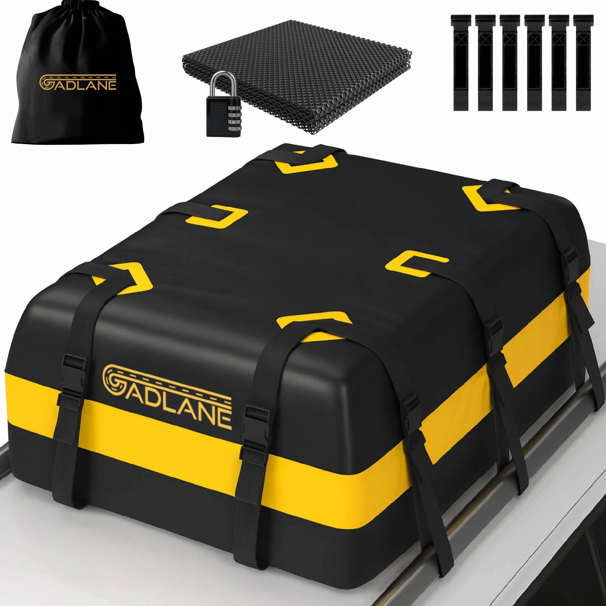 GADLANE Borsa da Tetto per Auto - 552L Box da Tetto Impermeabile per Auto con/senza Portapacchi, con Tappetino Antiscivolo, 6 Cinghie Robuste, Lucchetto a Combinazione, Borsa Portaoggetti (Gialla)