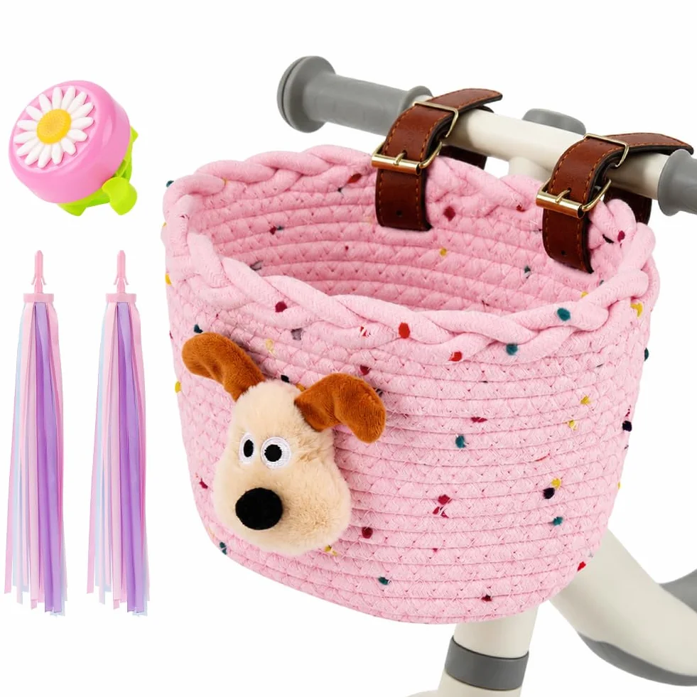 Cestino per bicicletta per bambini in corda di cotone con cinghie in pelle