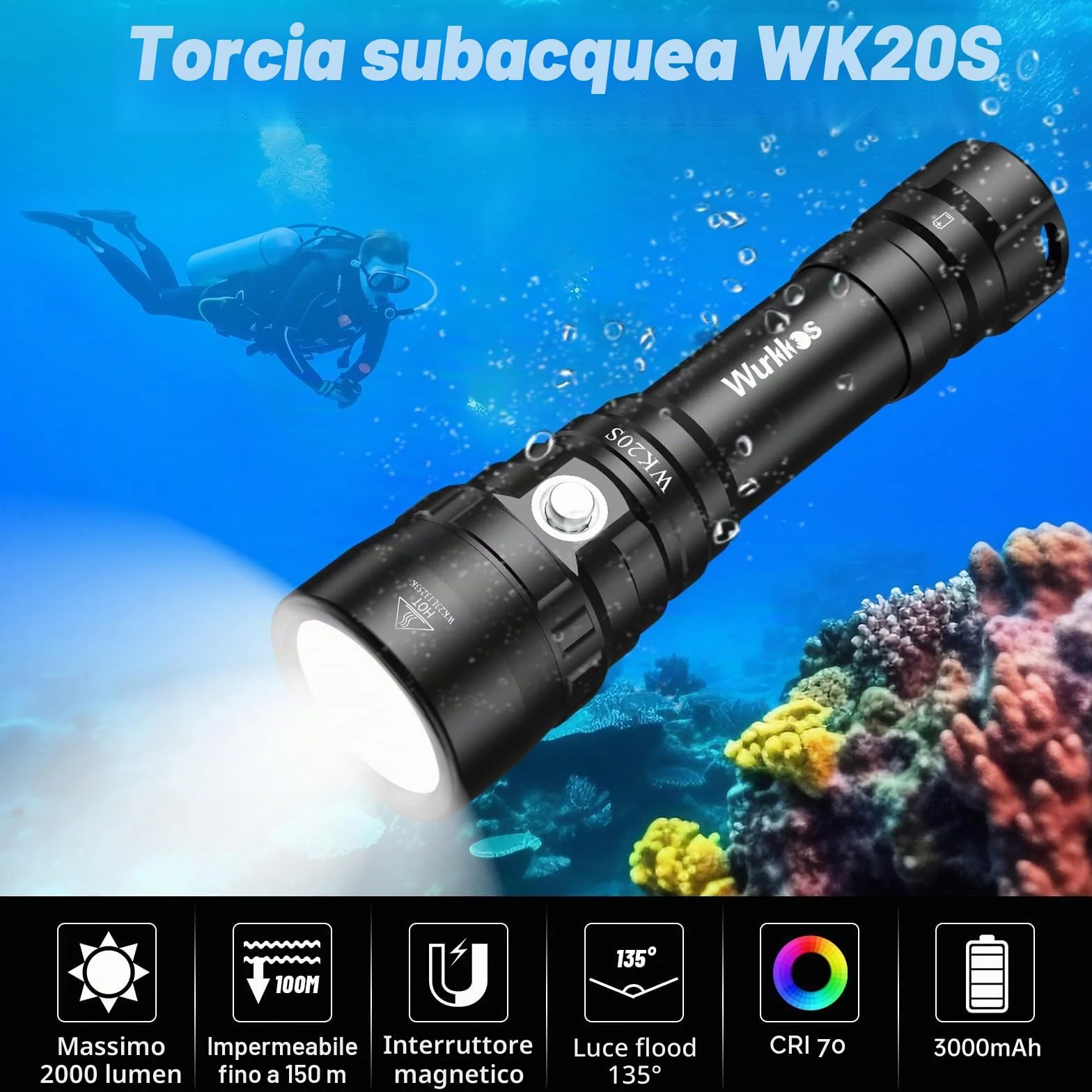 Wurkkos Torcia Subacquea 2000 Lumen Impermeabile 150m SST40 LED IPX-8 3000mAh