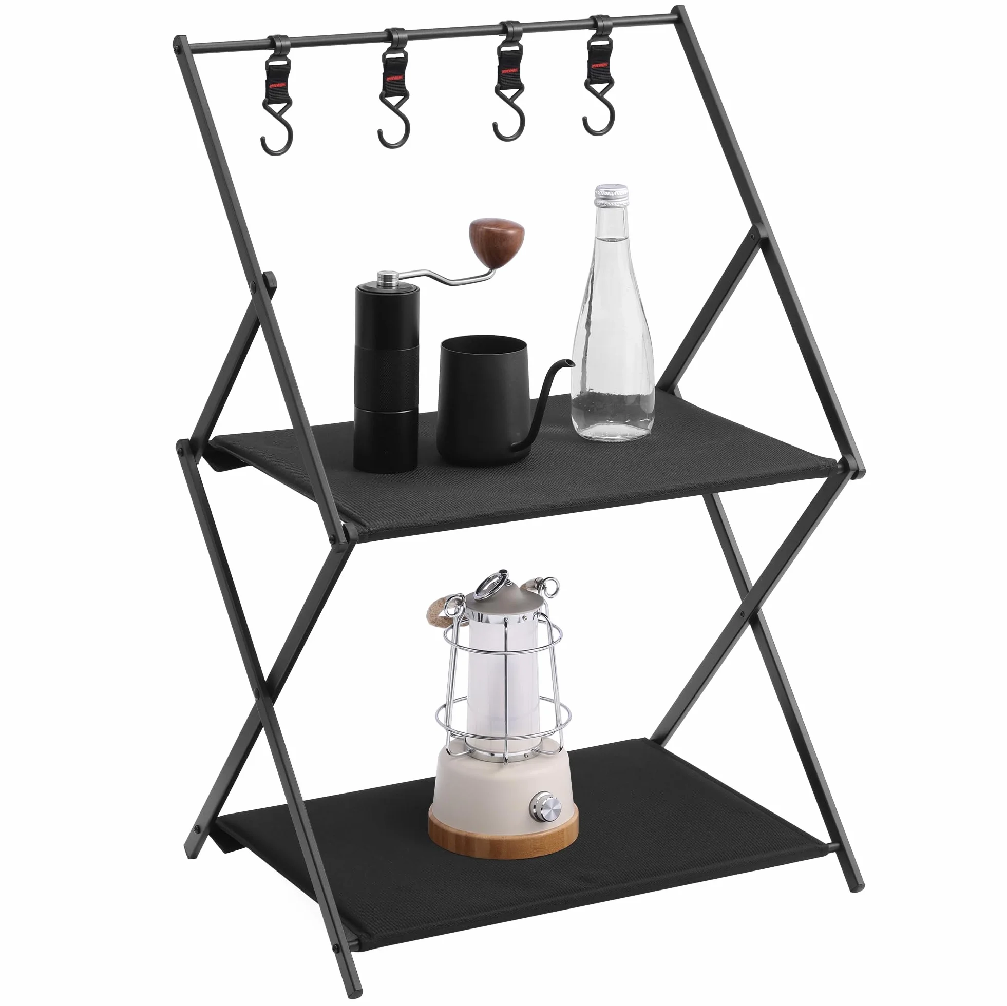Navaris Scaffale da Campeggio Pieghevole 2 Ripiani 4 Ganci Portatile Salvaspazio Capacità Max 25 kg Nero