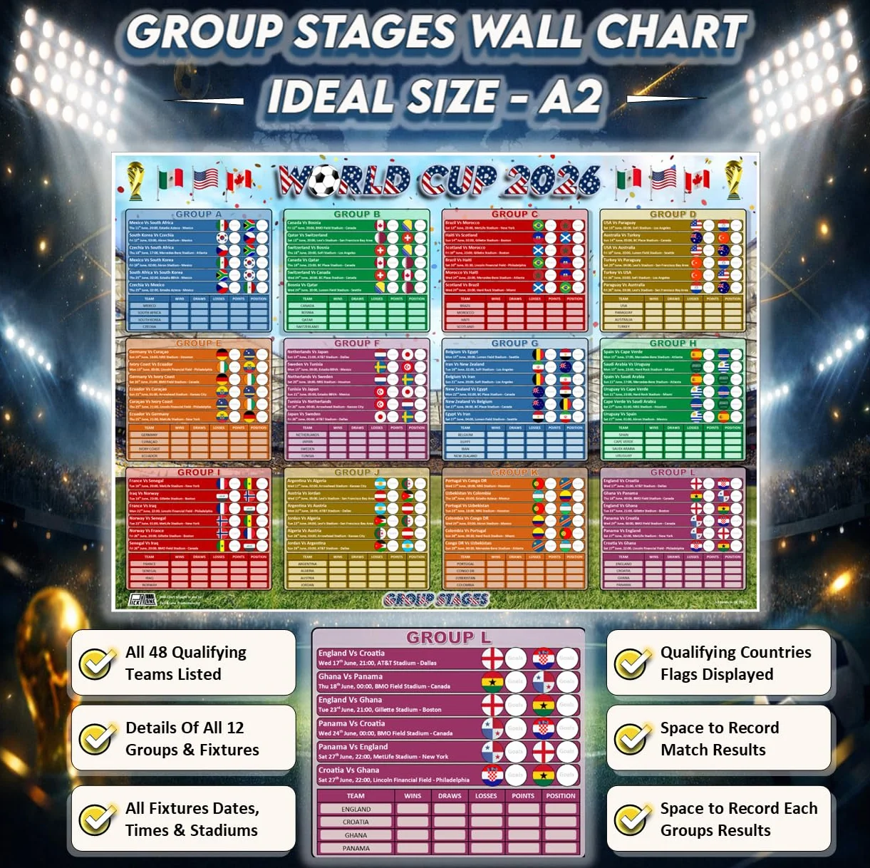 World Cup 2026 Wall Chart & Sweepstake Kit – Calcio Wall Planner z posterem, rejestrem A4 i 48 biletami