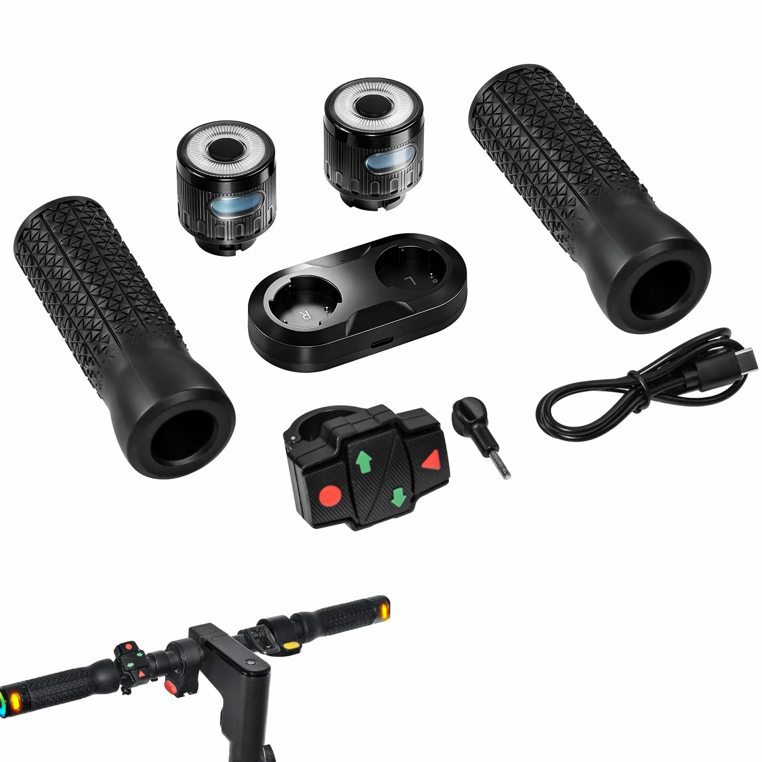 Kit di manopole per manubrio con lampeggianti senza fili per scooter elettrici 2,2 cm / 0,86" Diametro maniglie con telecomando e caricatore accessori