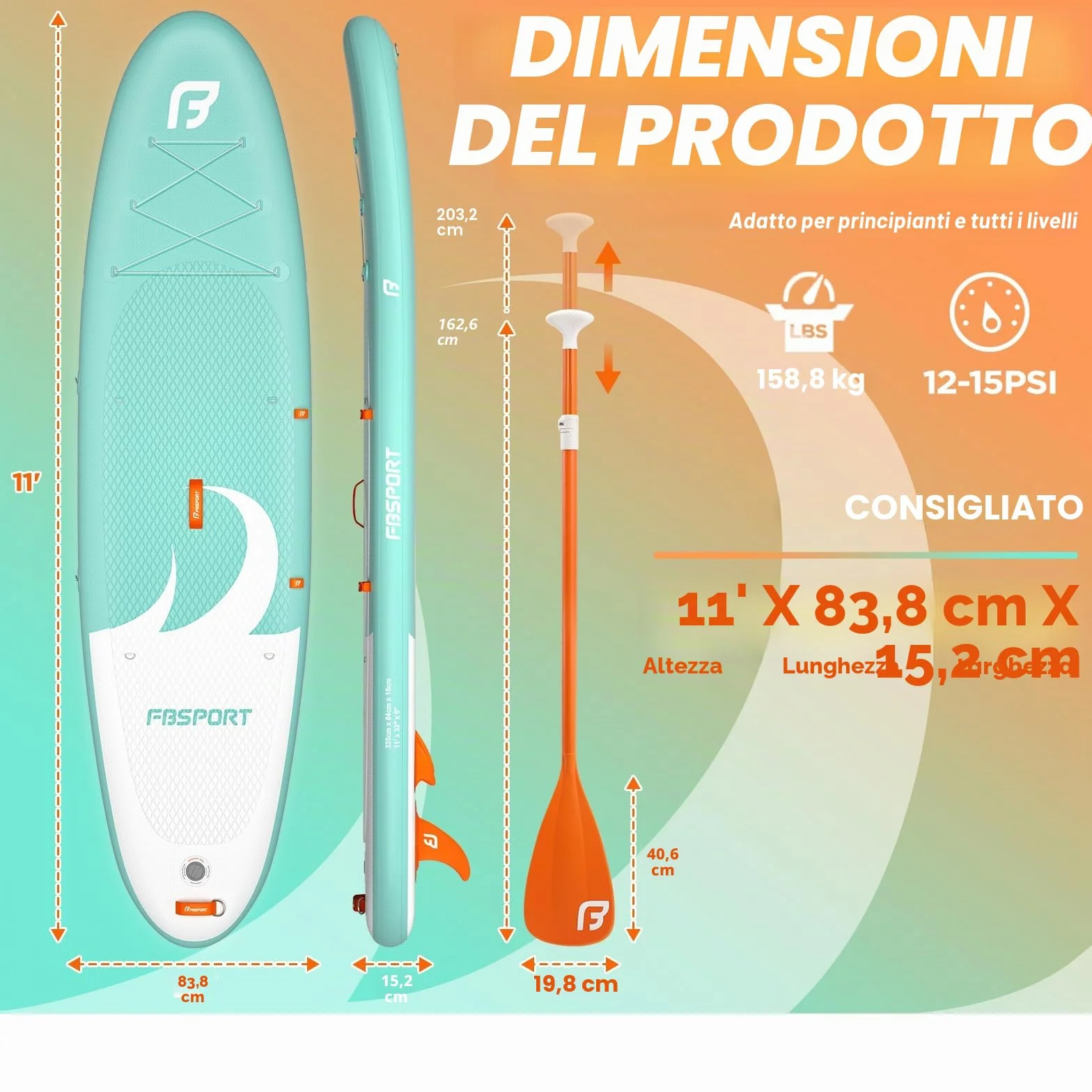 FBSPORT Tavola SUP Gonfiabile 335cm Stand Up Paddle Board Spessa 15cm con Pagaia Regolabile, Zaino, Pompa e Pinna Rimovibile