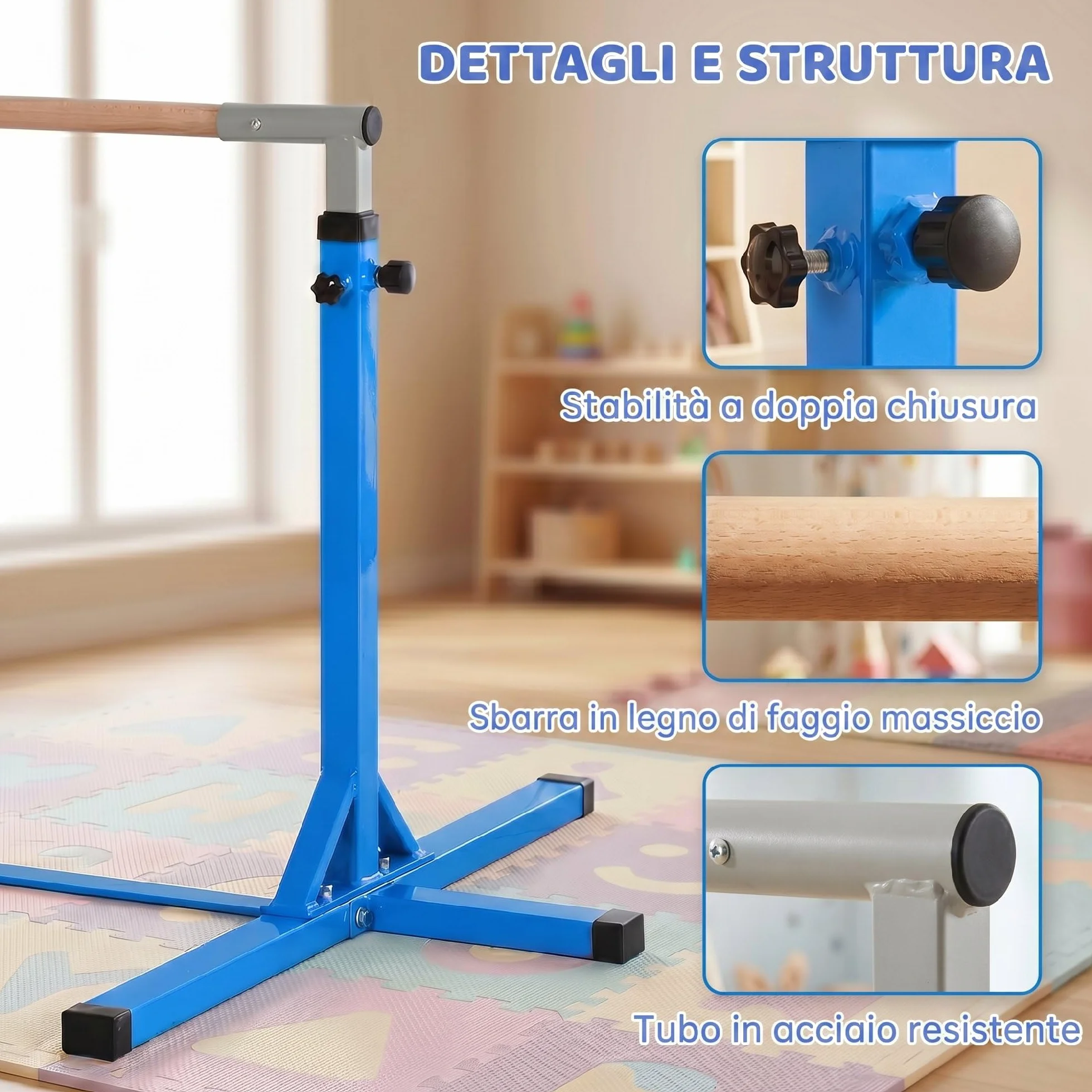 HOMCOM Barra da Ginnastica Artistica per Bambini 3+ Anni Altezza Regolabile 92-150 cm Acciaio Legno Massello Faggio Sbarra Orizzontale Danza Attrezzatura Palestra Antiscivolo