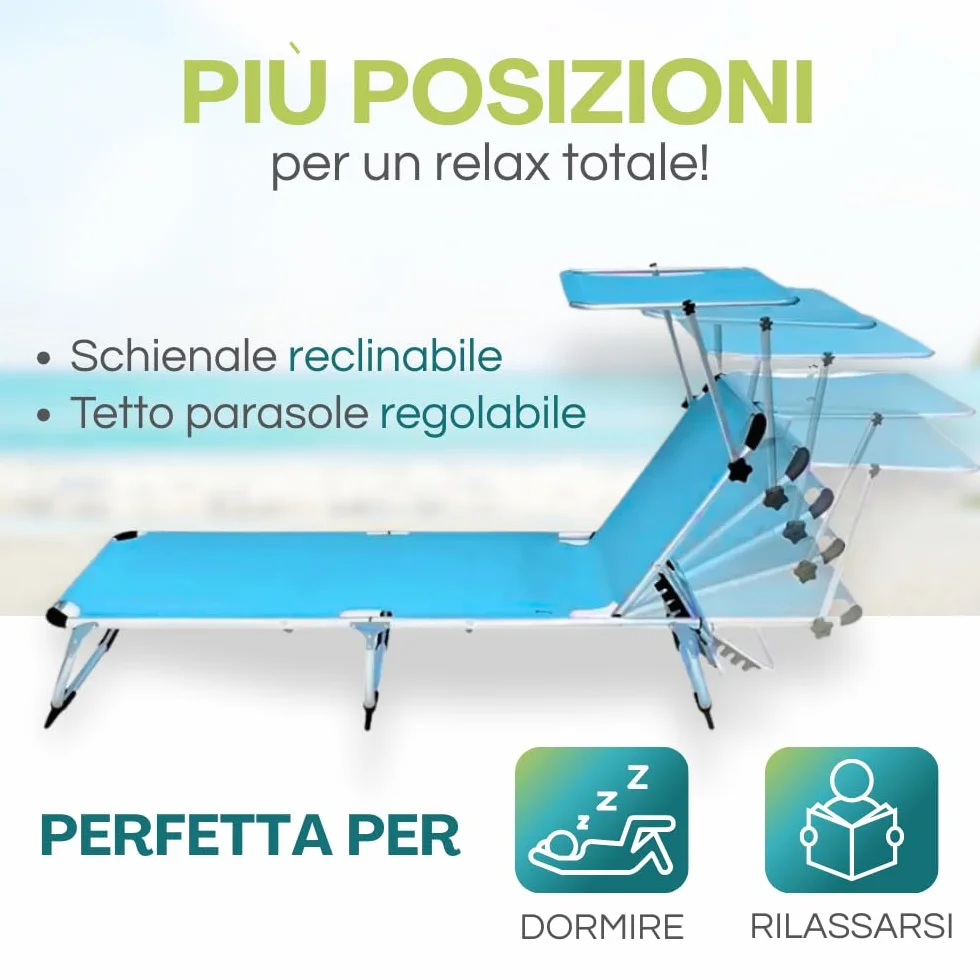 Lettino Prendisole Pieghevole in ALLUMINIO 190x60x80 cm Tessuto Textilene impermeabile tubolare 25mm Peso Max 120kg Azzurro