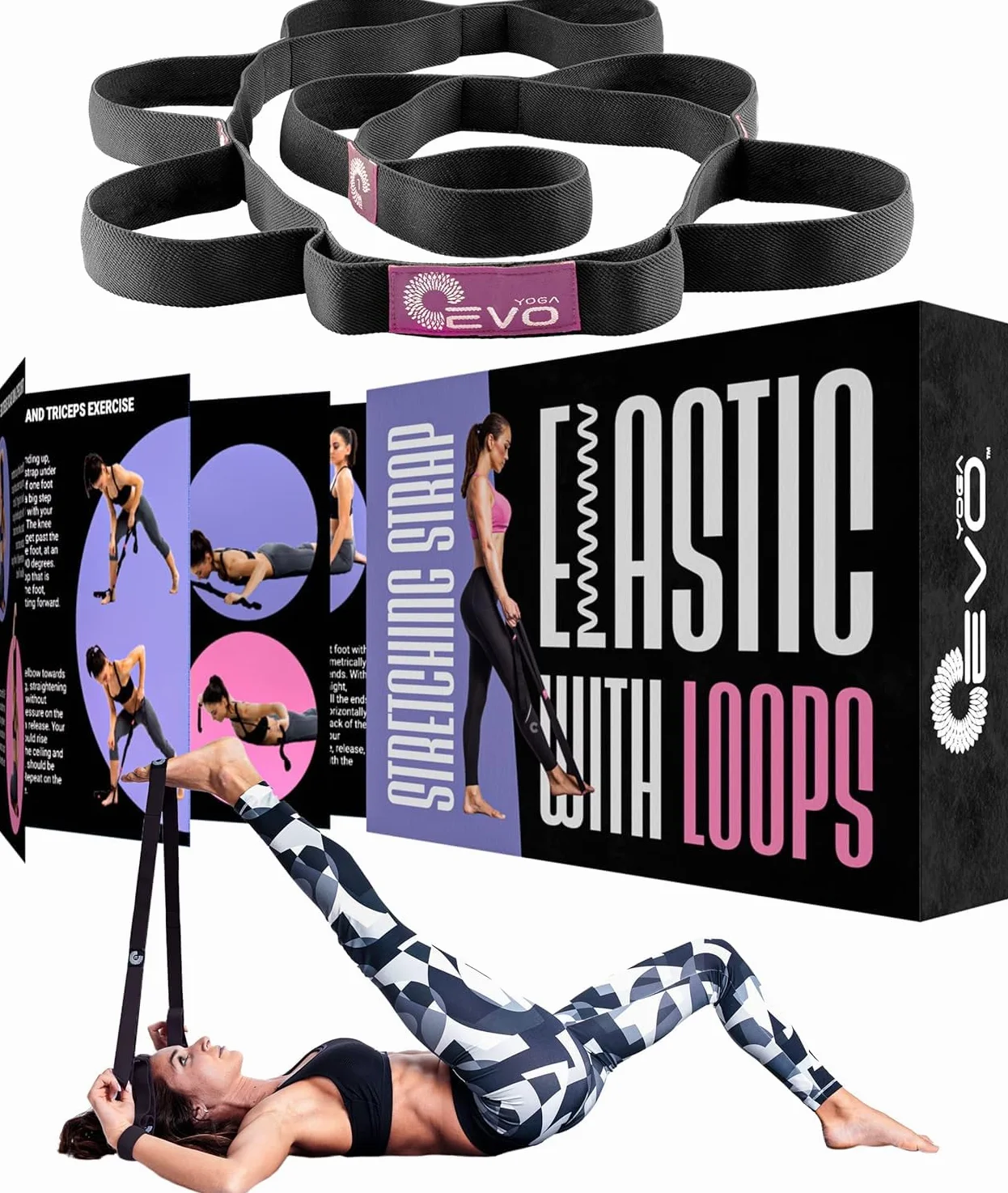 Cinghia elastica con passanti per fisioterapia, yoga, esercizio e flessibilità, fascia elastica per fitness + istruzioni per l'esercizio e borsa per il trasporto