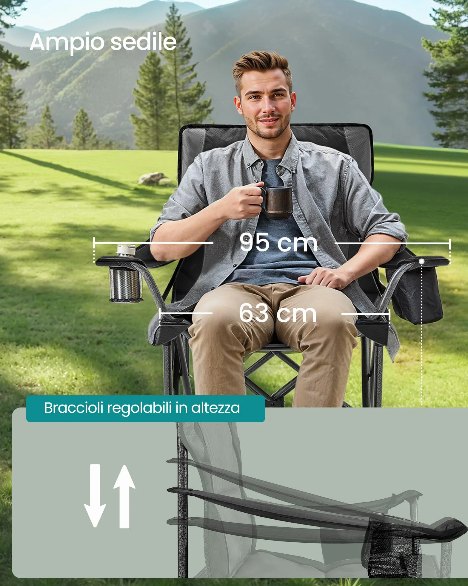 SONGMICS Sedia da Campeggio Imbottita Extra-Large Pieghevole con Supporto Lombare Portante 205 kg Nero Inchiostro