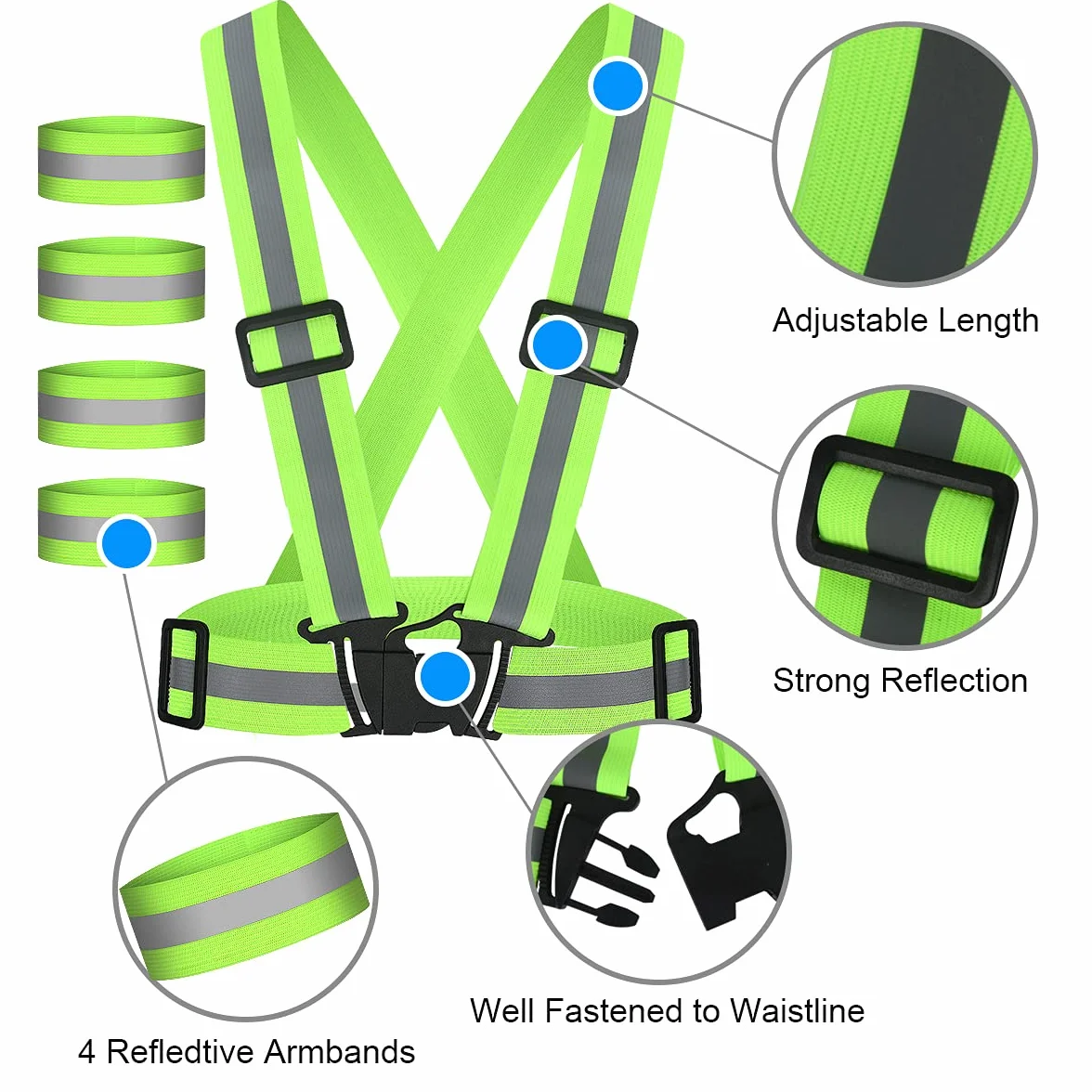 Regolabile Gilet Riflettente ad Alta Visibilità, Bretelle Catarifrangenti per Ciclismo Corsa Attività all'aperto