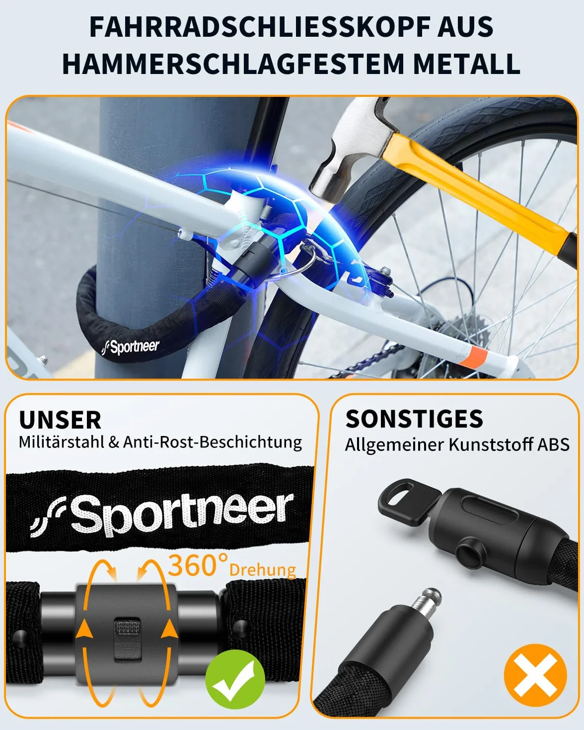 Sportneer Lucchetto Bici Catena 8mm 100cm Antifurto Acciaio Temprato con 2 Chiavi