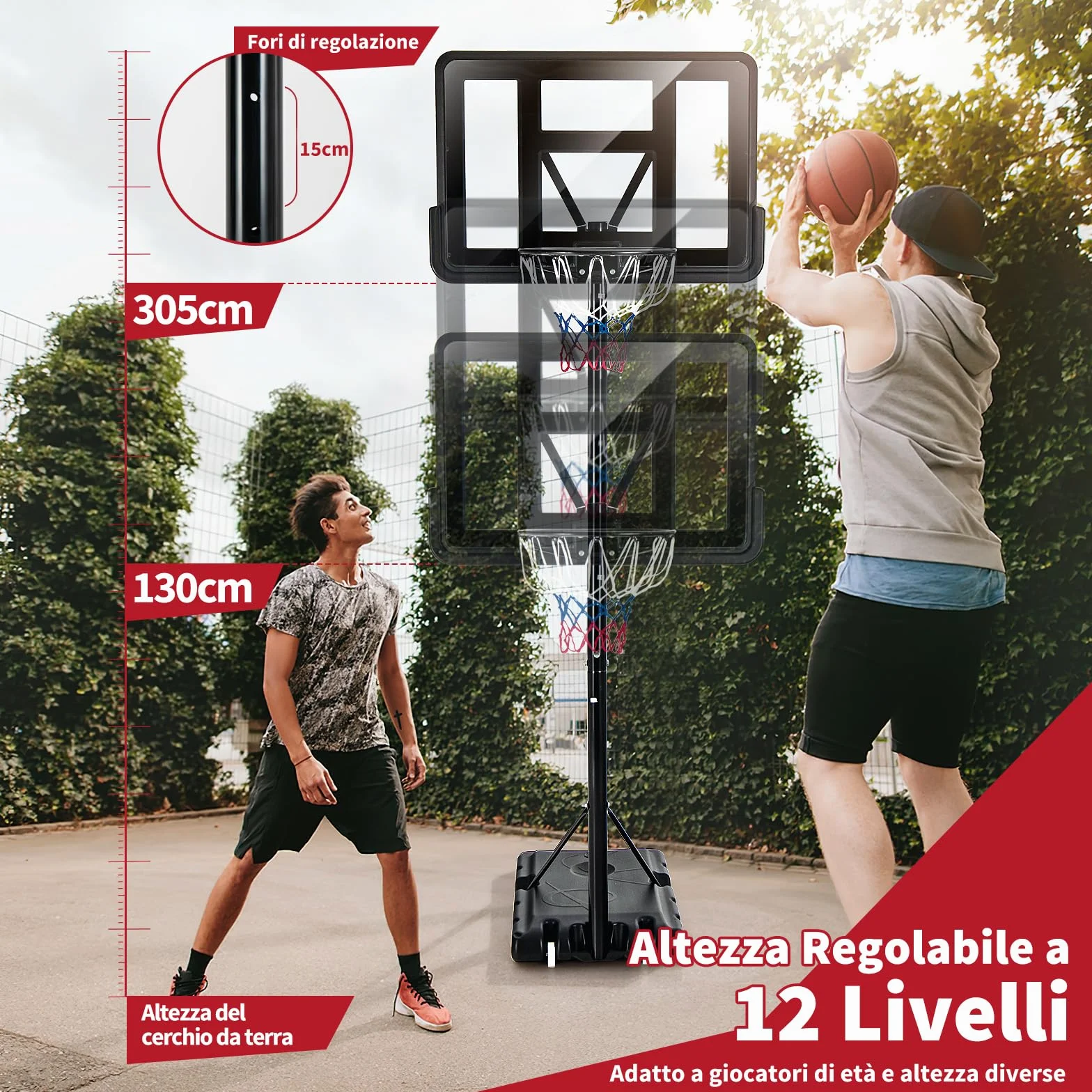 COSTWAY Canestro da Basket Portatile Regolabile in Altezza 1,3M-3,05M con Ruote Tabellone Infrangibile e Retina Durevole, Nero