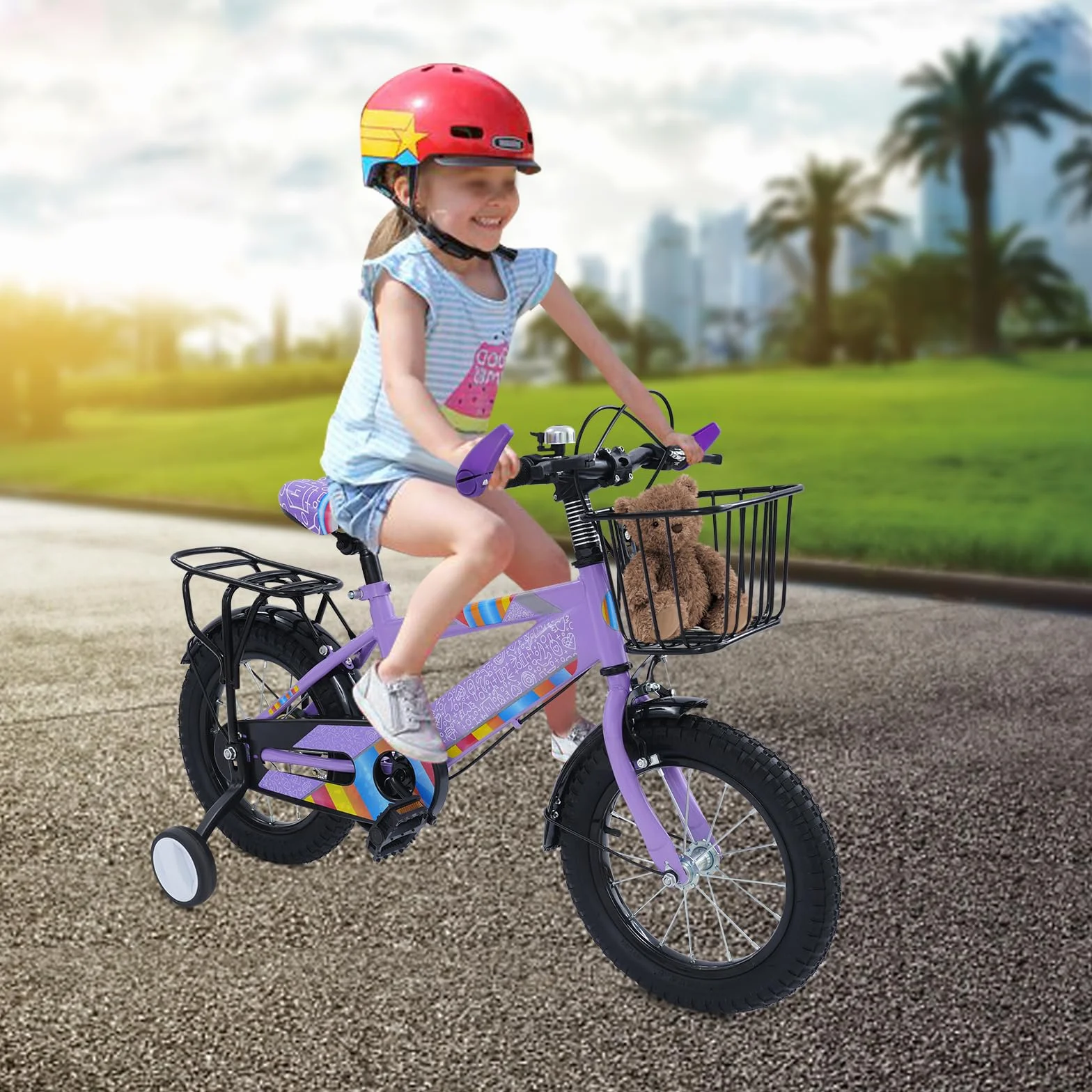 Bicicletta Bambini 14 Pollici con Doppio Freno Ruote Supporto Cestino Sedile Posteriore