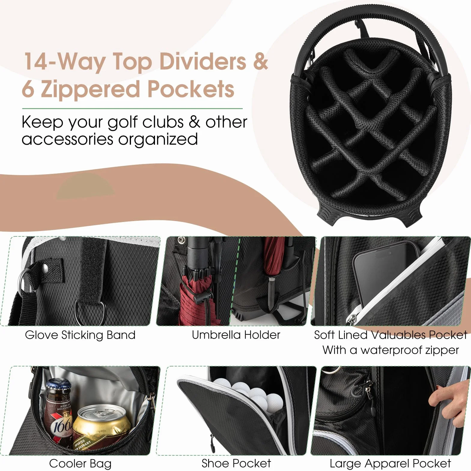 LIFEZEAL Borsa da golf 14 scomparti leggera con doppie bretelle 6 tasche antipioggia