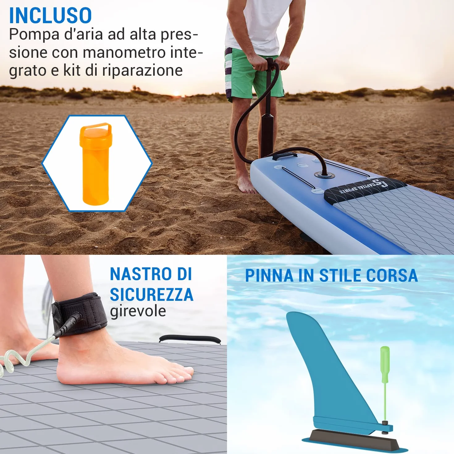 CAPITAL SPORTS SUP, Tavola SUP Gonfiabile per Adulti e Bambini, Versatile Stand Up Paddle con Pagaia SUP, Borsa da Trasporto, Pompa SUP e Accessori da Paddle Board e Kayak