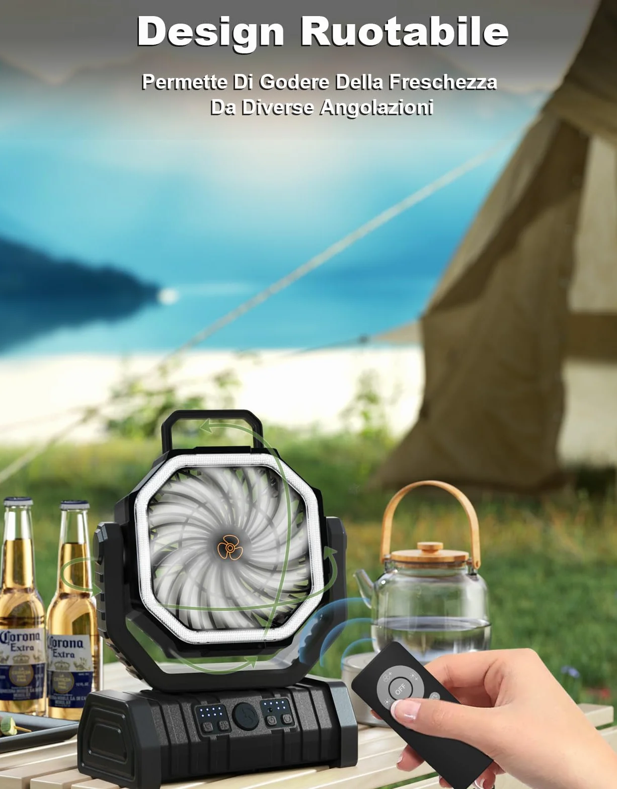 Richday 20000mAh con lanterna LED Ventilatore da campeggio Ventilatore silenzioso a 4 velocità Rotazione di 270° Ventilatore da campeggio all'aperto per uffici Tenda da camera da letto Campeggio