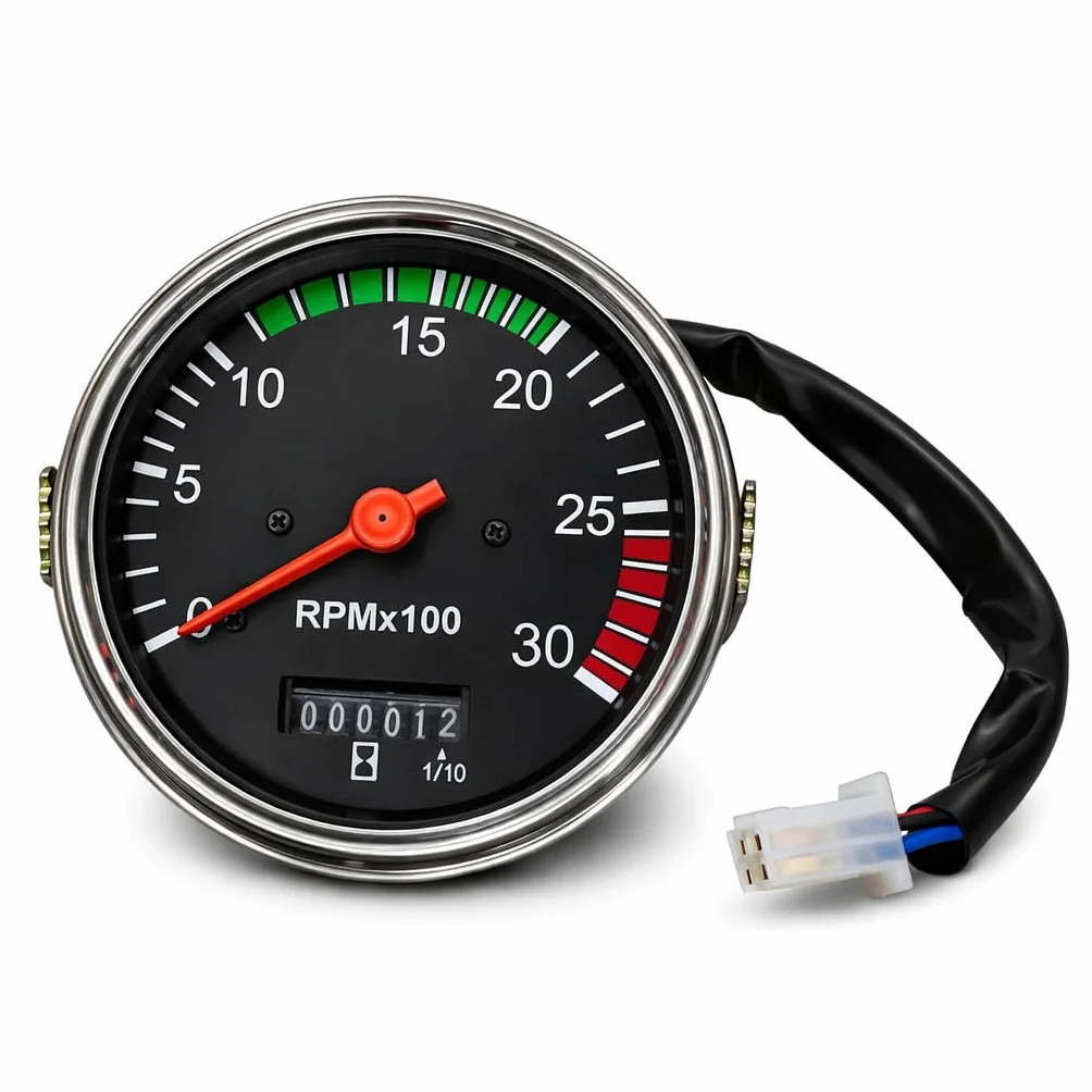 Tachimetro universale elettromeccanico con 3 terminali per trattori 12V-24V DC – 0-30 RPM x 100, analogico per uso agricolo, veicoli pesanti, 0-3000 RPM, quadrante nero con cornice cromata