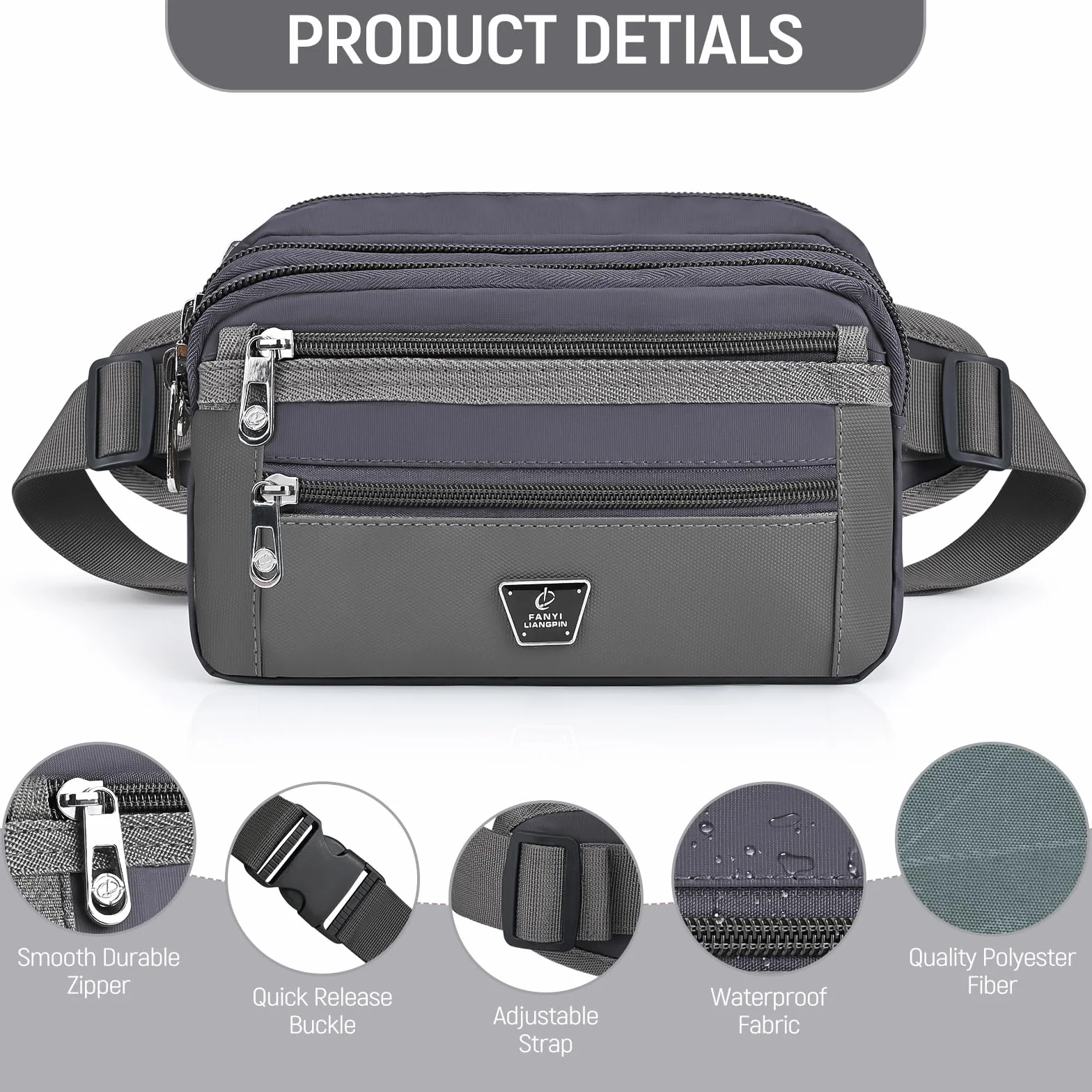 Marsupio Sportivo Uomo Donna con Tracolla Regolabile 7 Zip Tasche Corsa Ciclismo Grigio