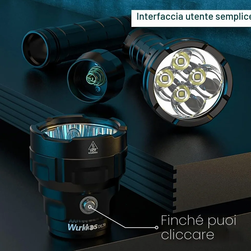 Wurkkos Torcia Subacquea 13.000 Lumen 4*XHP50.2 LED IPX-8 2x5000mAh Batterie Caricabatterie