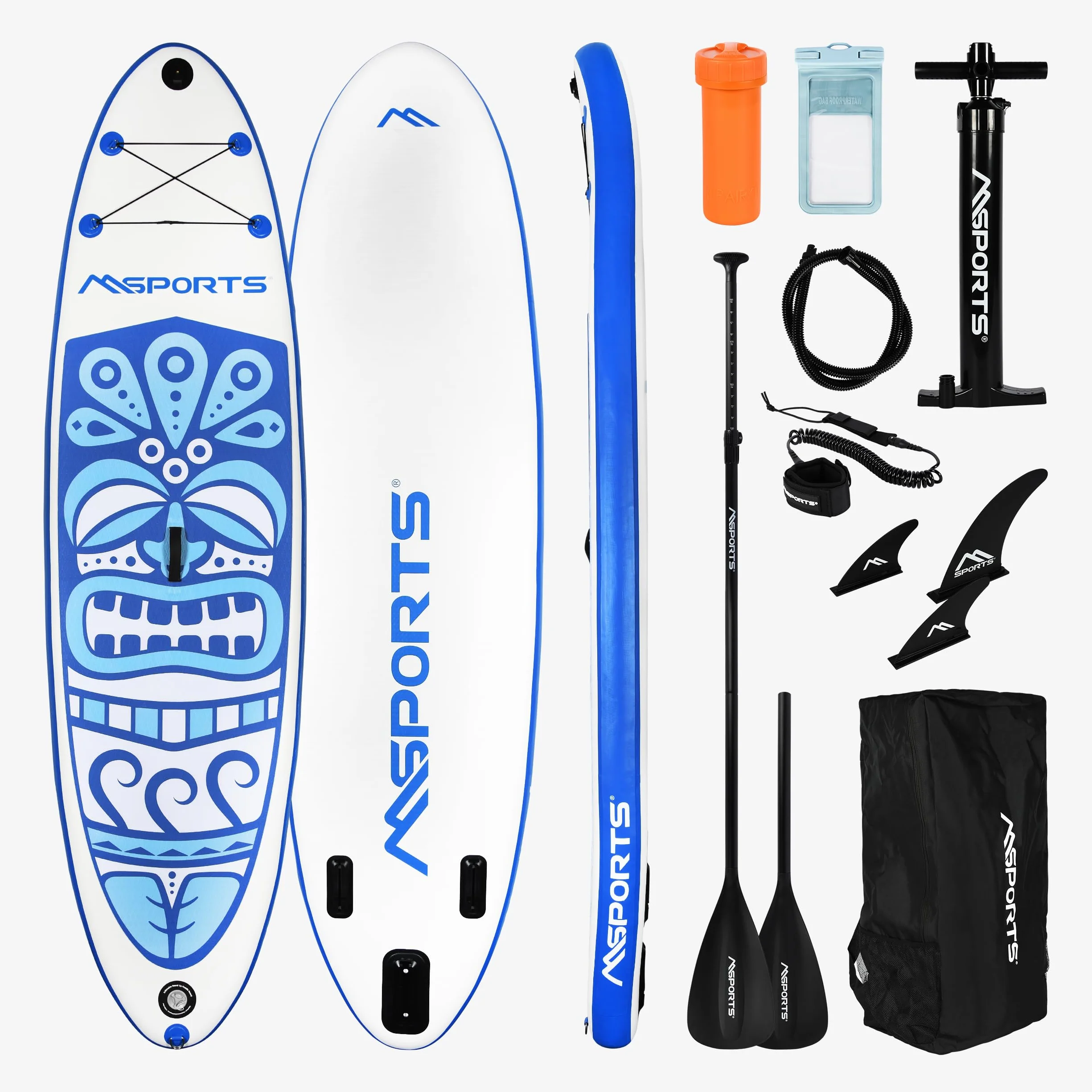 MSPORTS Stand Up Paddle Board gonfiabile completo paddleboard accessori pagaia regolabile, pompa di alta qualità + 2 bastoncini + custodia impermeabile per smartphone + borsa multifunzione