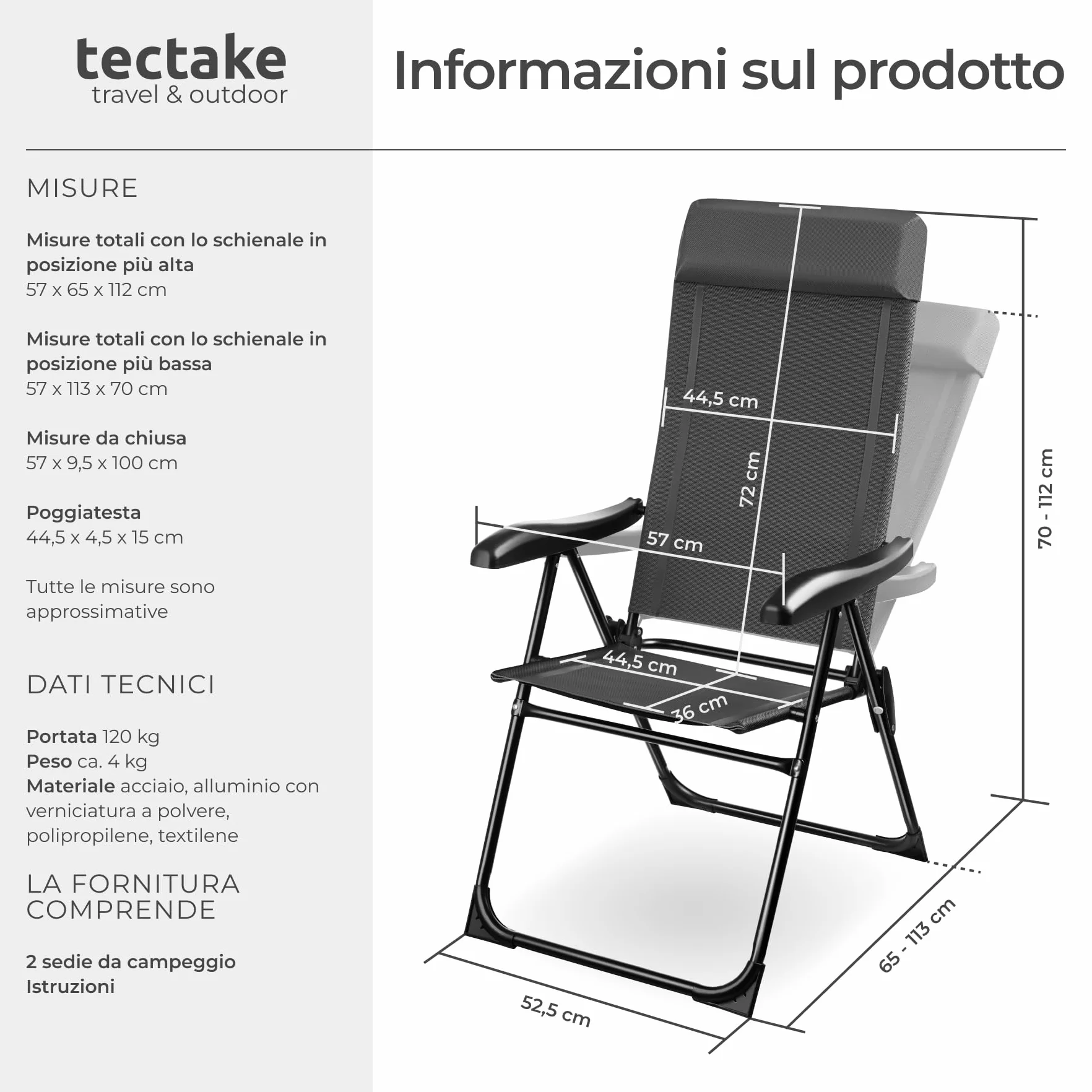 tectake® Set 2 Sedie Campeggio Pieghevoli, Schienale Regolabile 7 Posizioni, Alluminio Inossidabile, Textilene Traspirante, Braccioli Ergonomici, Cuscino Poggiatesta Rimovibile Antiscivolo - Antracite