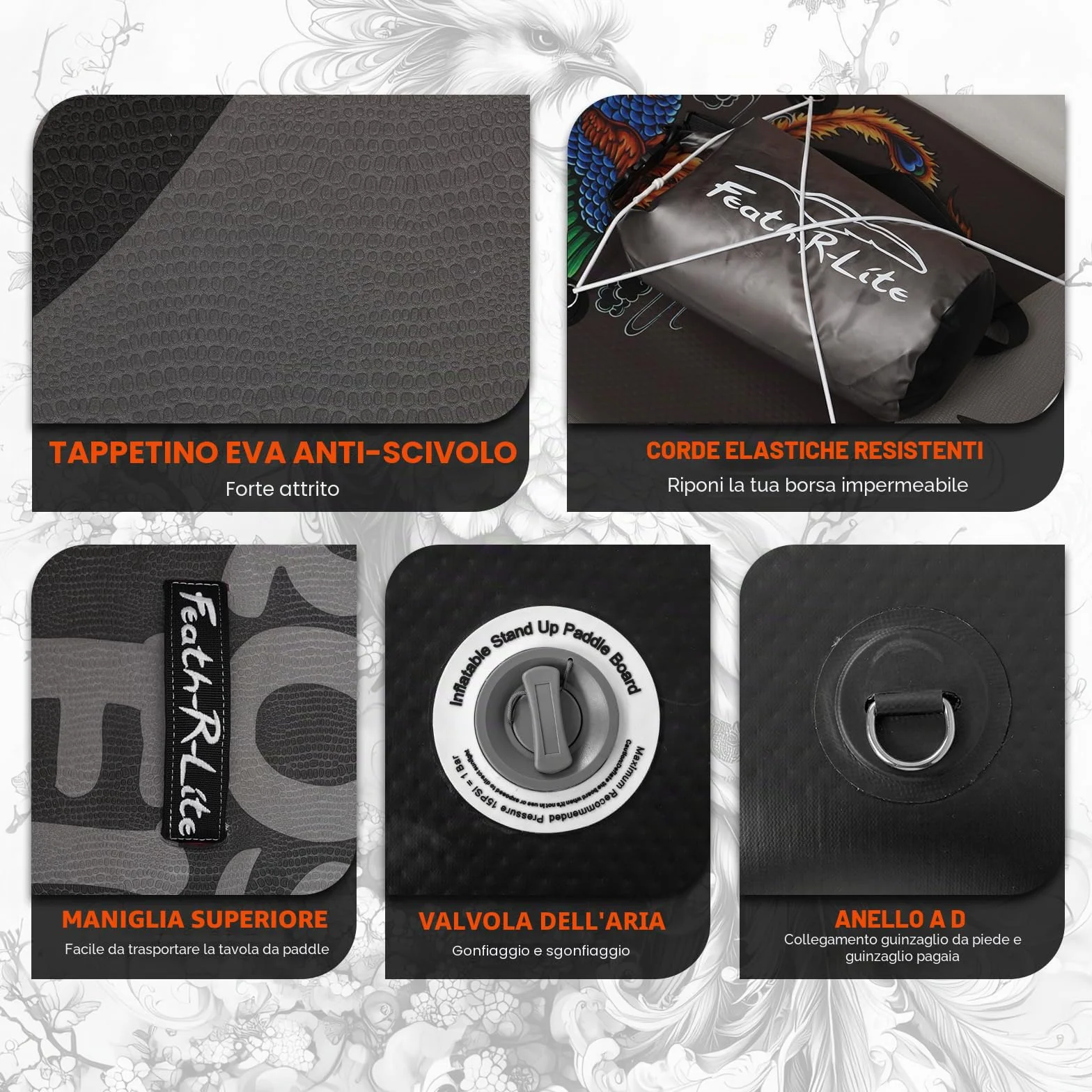 FEATH-R-LITE Tavole da Stand Up Paddle Gonfiabili Paddleboard con Pompa Manuale Zaino SUP Guinzaglio Pagaia Regolabile