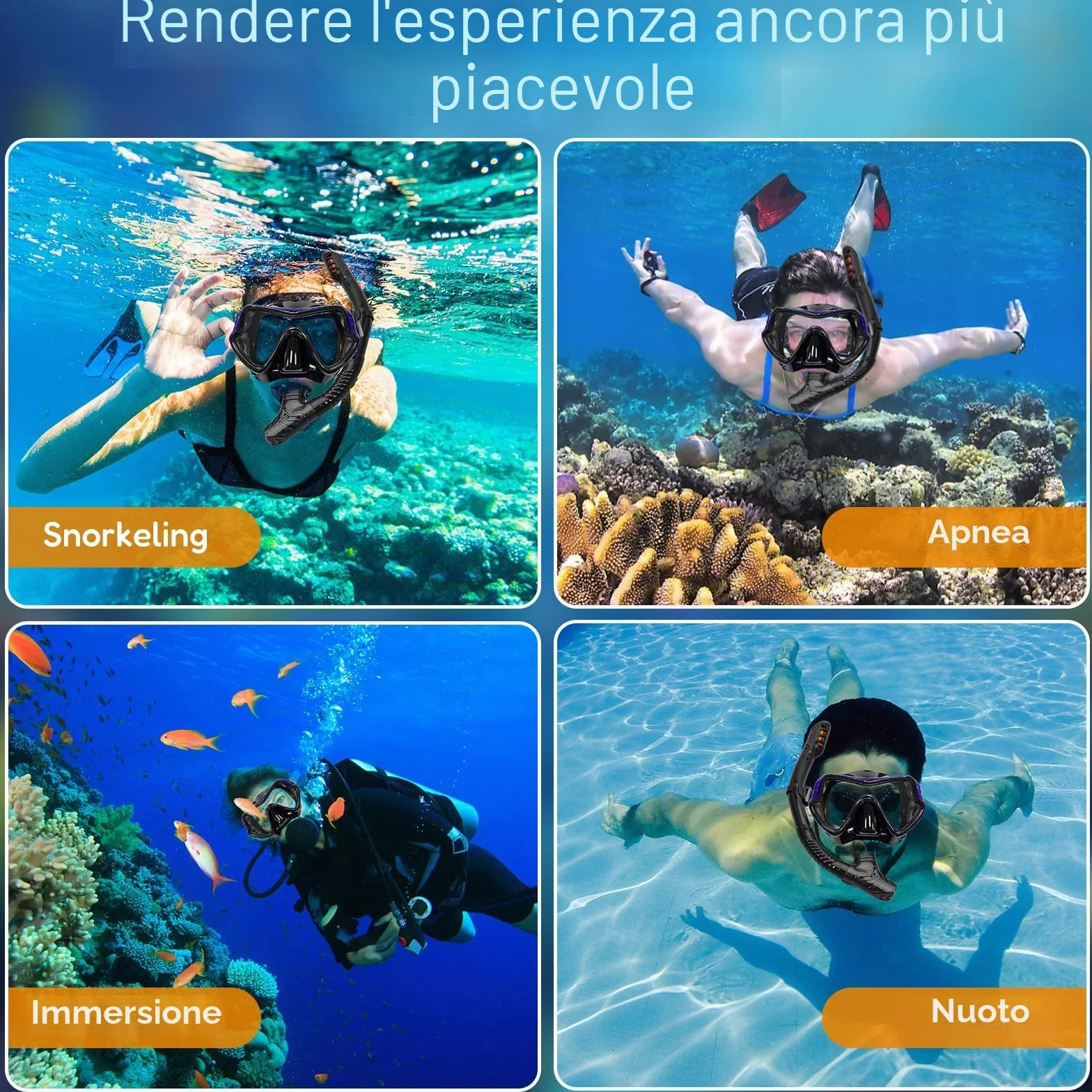 Maschera Snorkeling Adulto Antiappannante Panoramica 180° Set con Boccaglio
