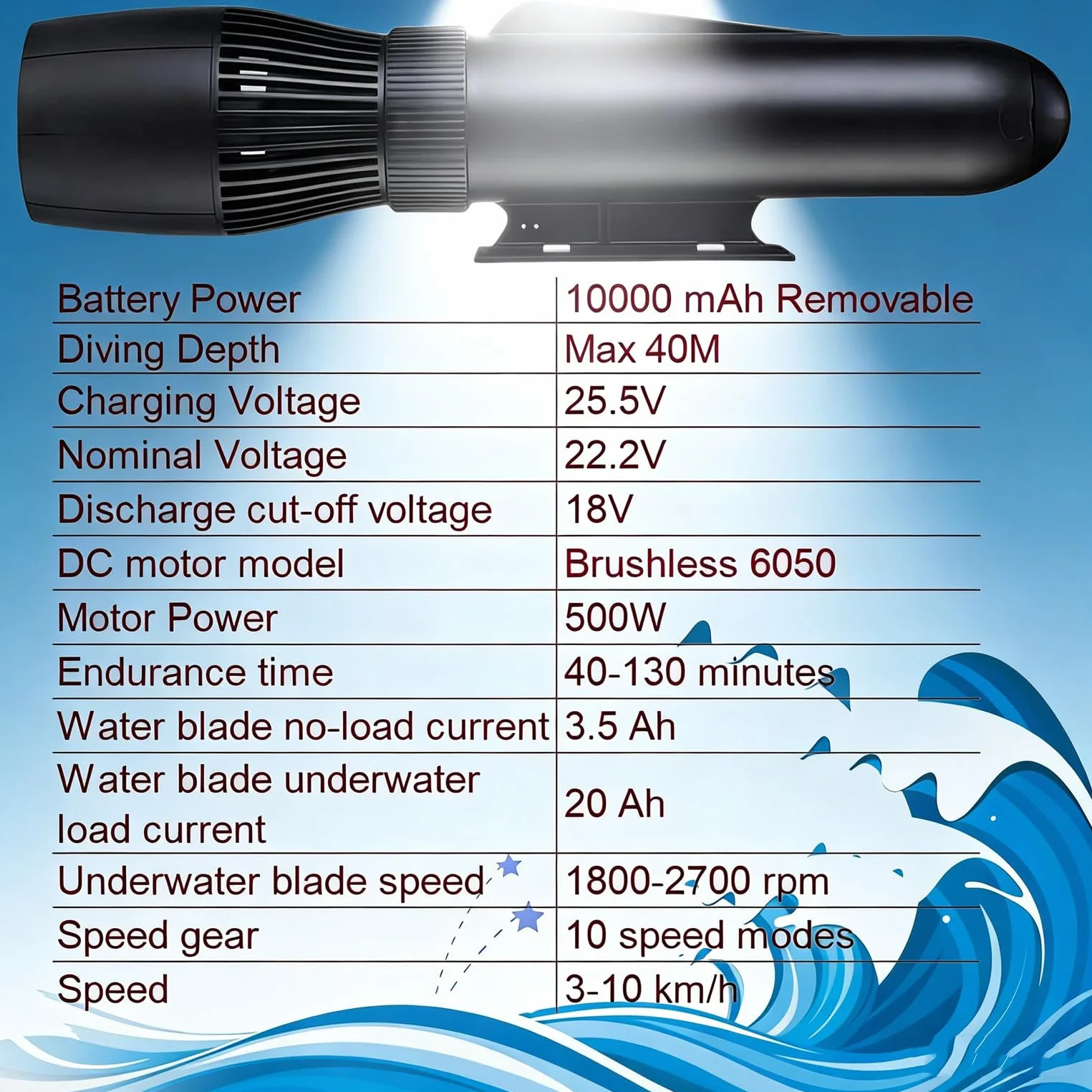 Monopattino subacqueo 500 W motore per attività acquatiche 2 persone batteria ad alta capacità