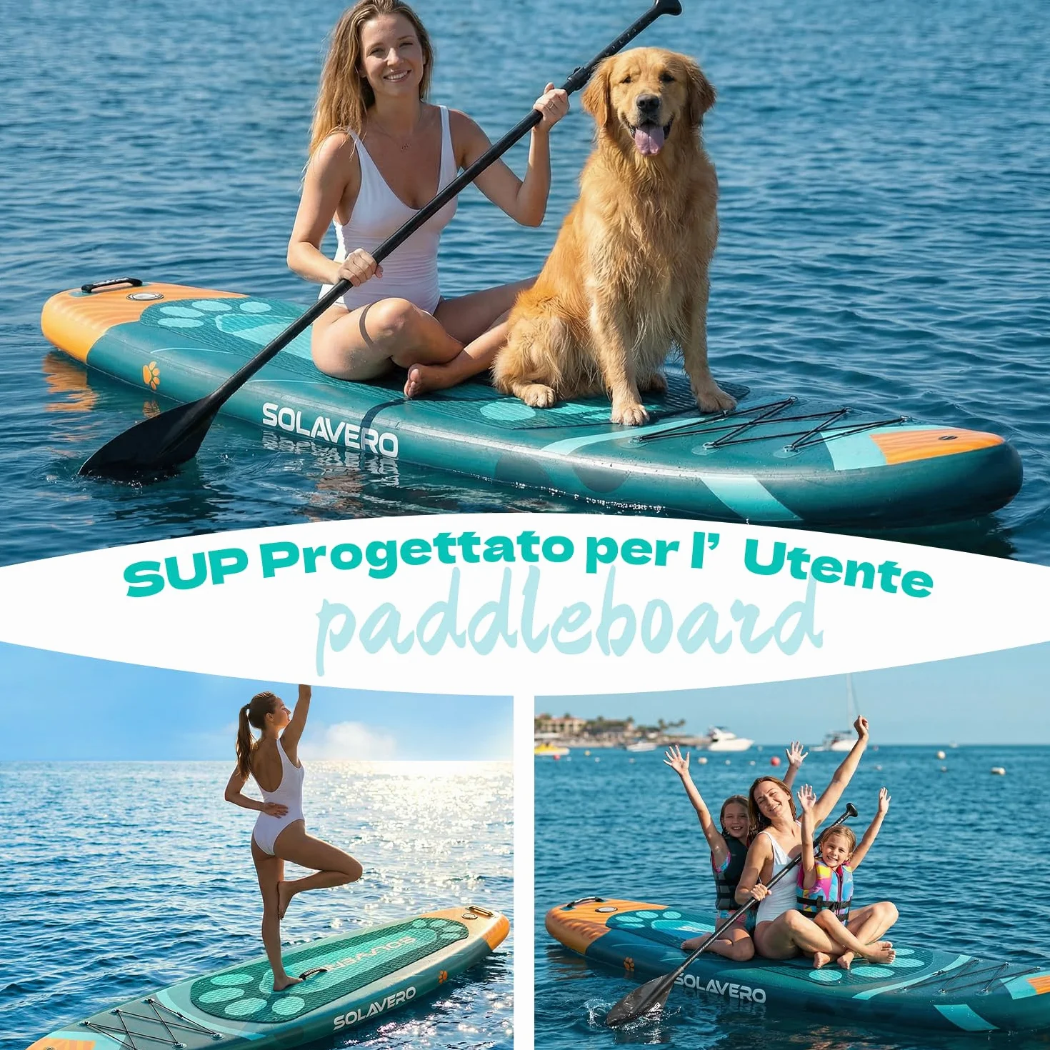 SOLAVERO Tavola da Sup Gonfiabile 323x83x15 cm Antiscivolo EVA Pagaia Regolabile 3 Pinne Fino a 200kg