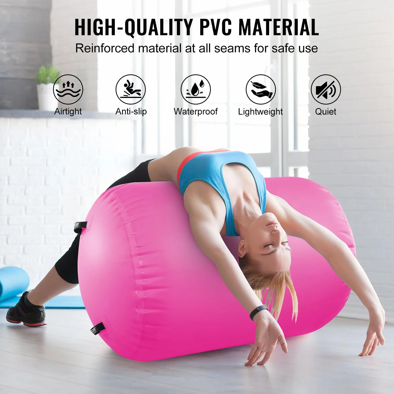 VEVOR Tappetino ad Aria Rullo ad Aria Gonfiabile Rotondo, Attrezzatura da Ginnastica con Canna d'Aria con Pompa Elettrica, Uso Domestico/Palestra/Yoga/Cheerleader/Spiaggia/Parco/Acqua, Rosa