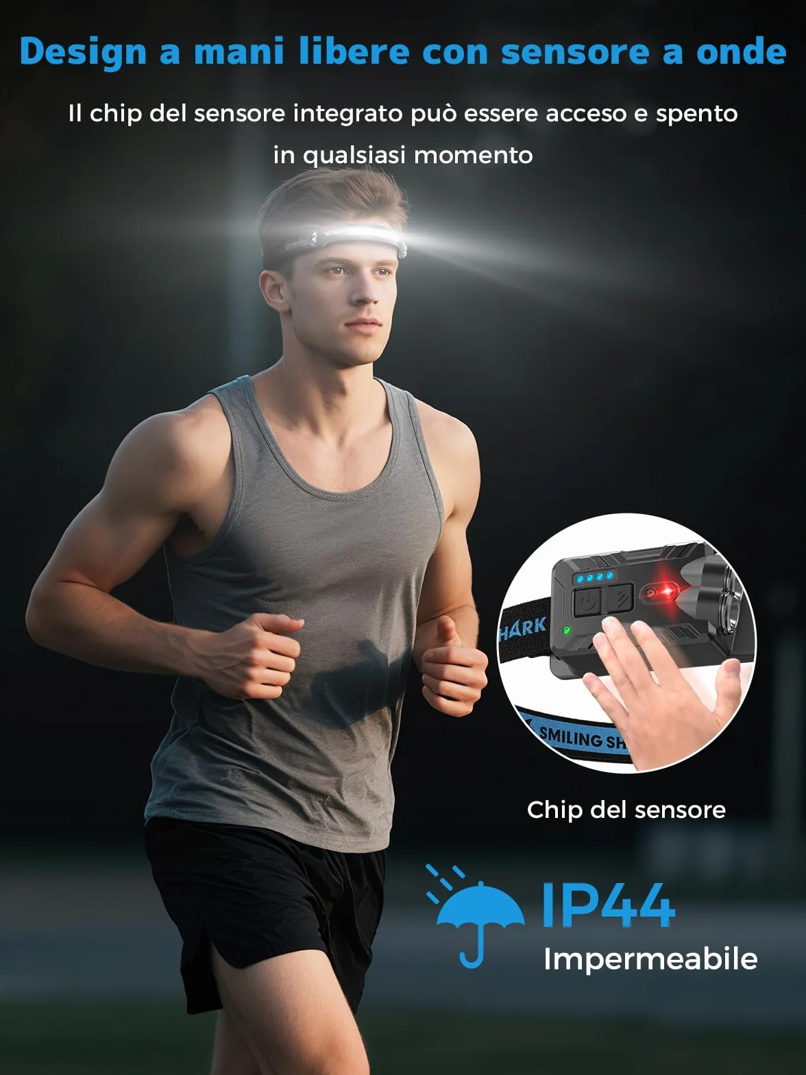 Lampada Frontale Ricaricabile 2400mAh con Sensore di Movimento per Trekking Campeggio