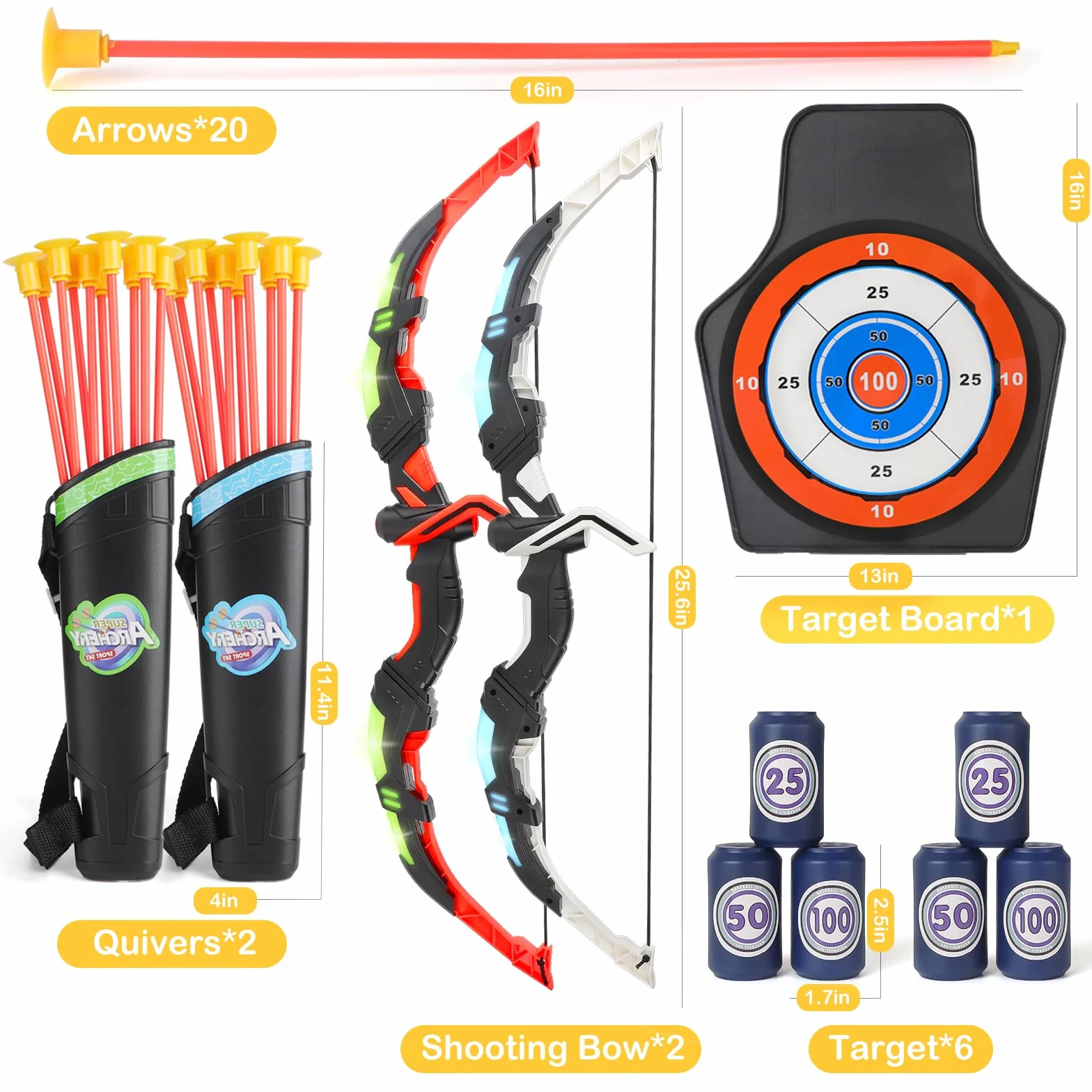 deAO Set Frecce e Archi con Luci LED per Bambini 4+ Anni 20 Frecce Ventosa 2 Archi Bersaglio