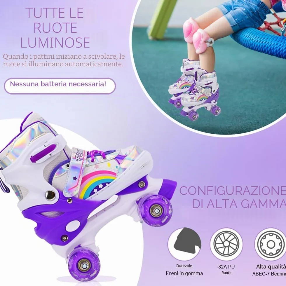 Pattini a rotelle per bambini ragazze ragazzi principianti, 4 misure regolabili per bambina e bambino con ruote luminose, pattini a rotelle Viola Arcobaleno per lo sport