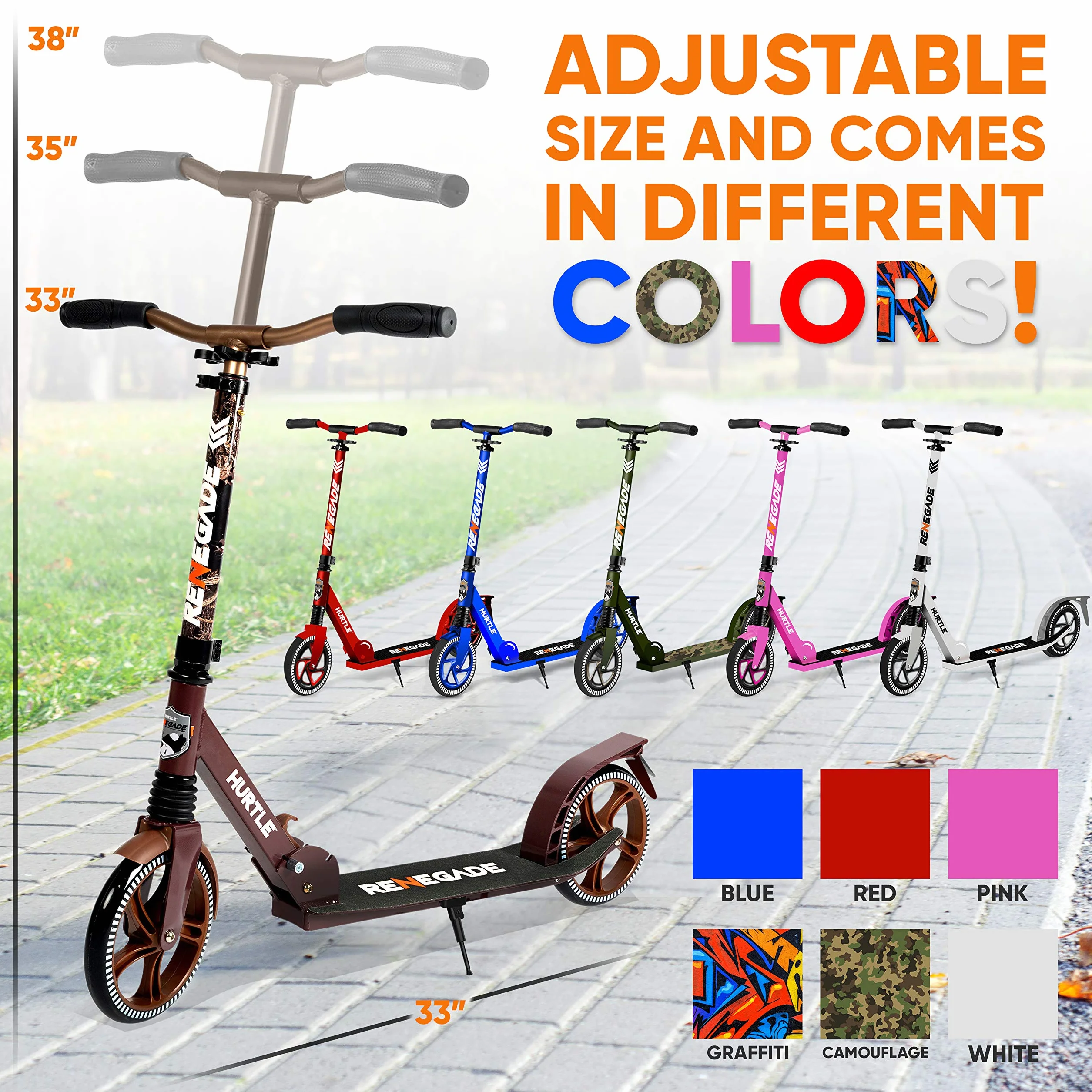 Hurtle Renegade Monopattino a 2 Ruote Pieghevole con Manubrio Regolabile