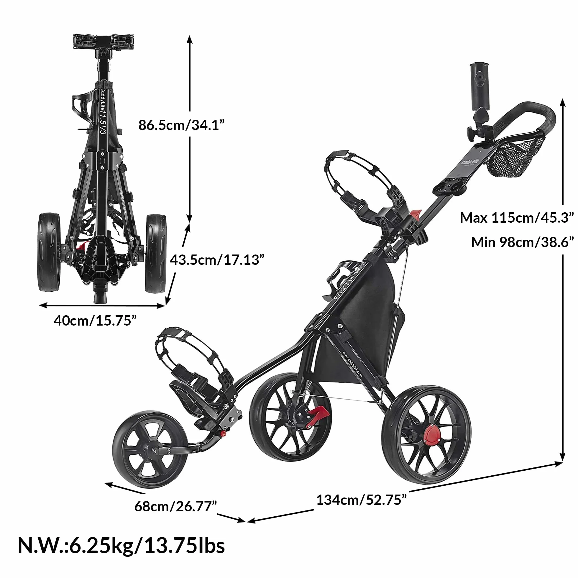 Caddytek CaddyLite 11.5 V3 Carrello da Golf a 3 Ruote Leggero Pieghevole