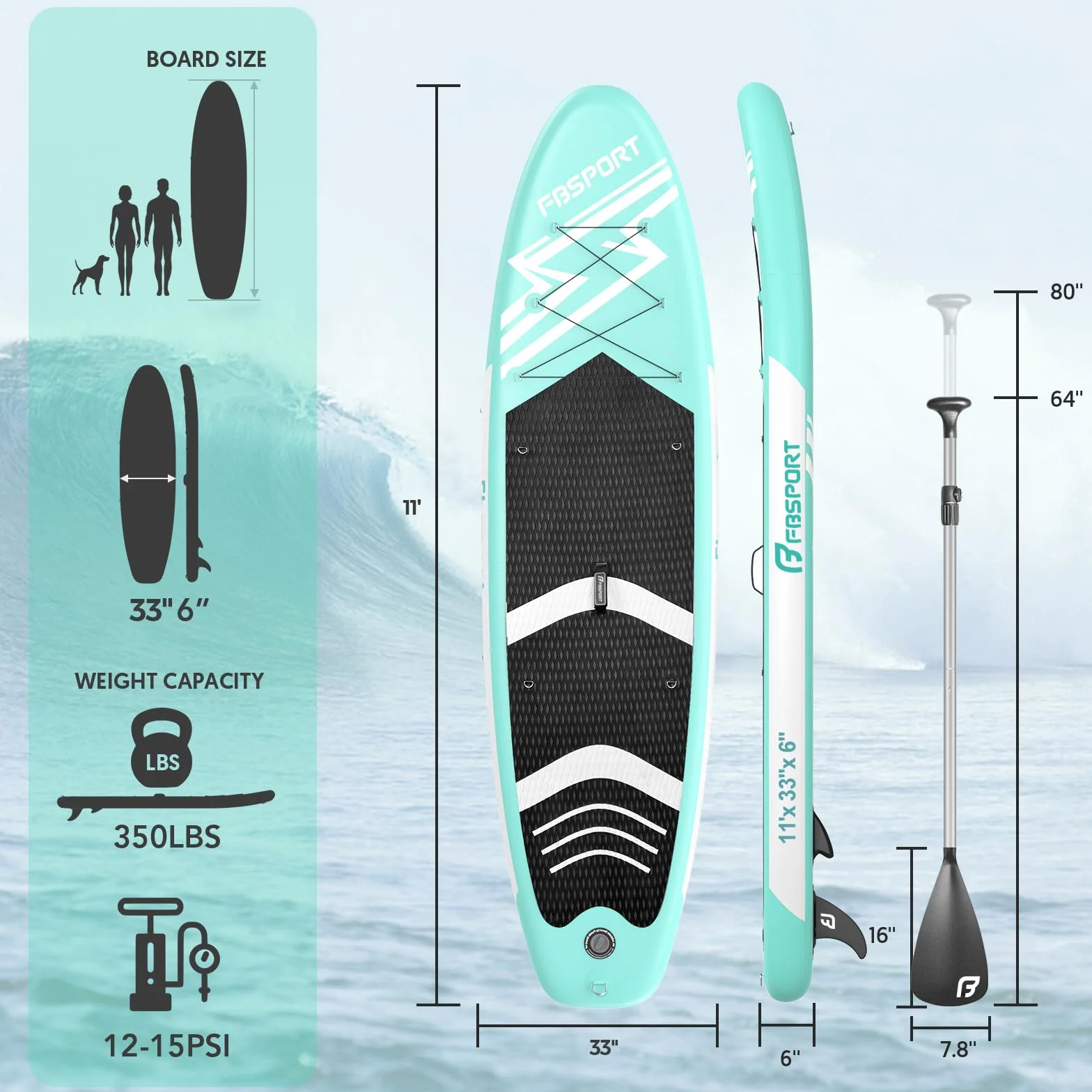 FBSPORT Tavola da SUP Gonfiabile SUP, Stand Up Paddling Board, Stand Up Paddle Board Gonfiabile per Stand Up Paddling 15CM Spessore, Surf con Alluminio Regolabile SUP Paddle + Pompa