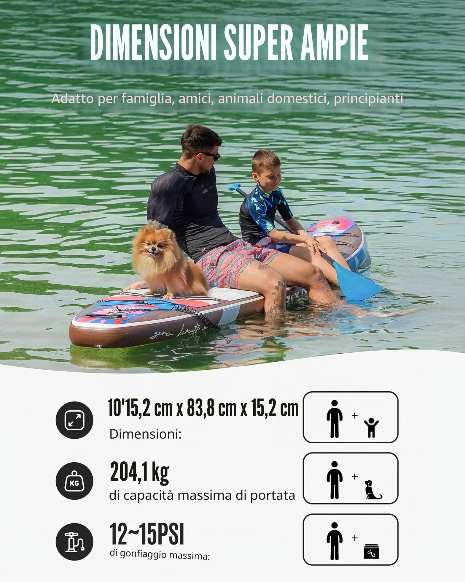 SUP Gonfiabile 320x84cm Completo, Tavola SUP Max 200 Kg, Pinna Centrale, Deck Antiscivolo per Adulti