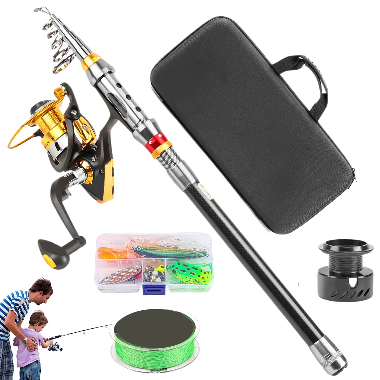 Combinazione di canna da pesca e mulinello, canna da pesca telescopica - attrezzatura da pesca per viaggi campeggio barca surf molo fiume escursionismo lago